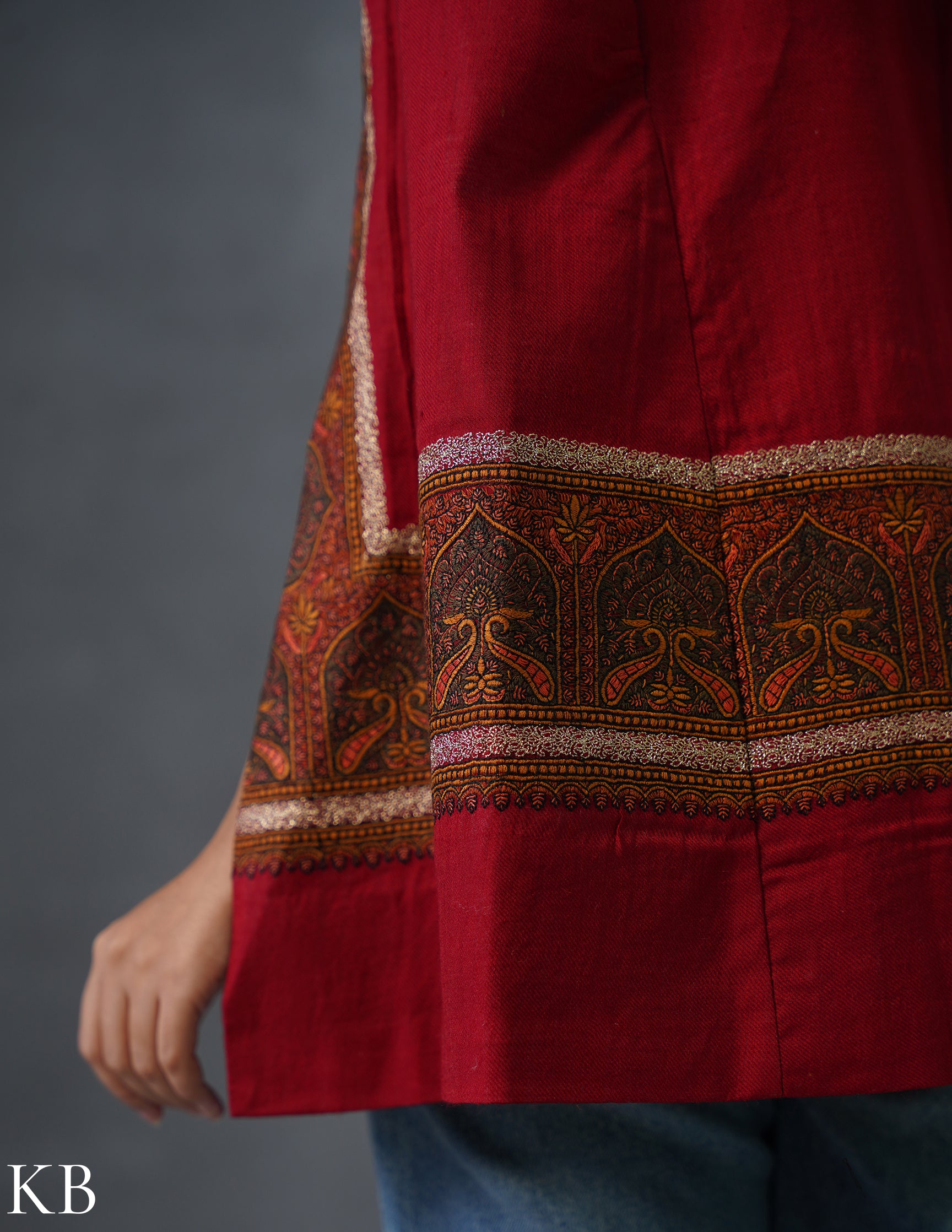 Nayaab Kashmiri Sozni Embroidered Woollen Jacket – Maroon - Kashmir Box
