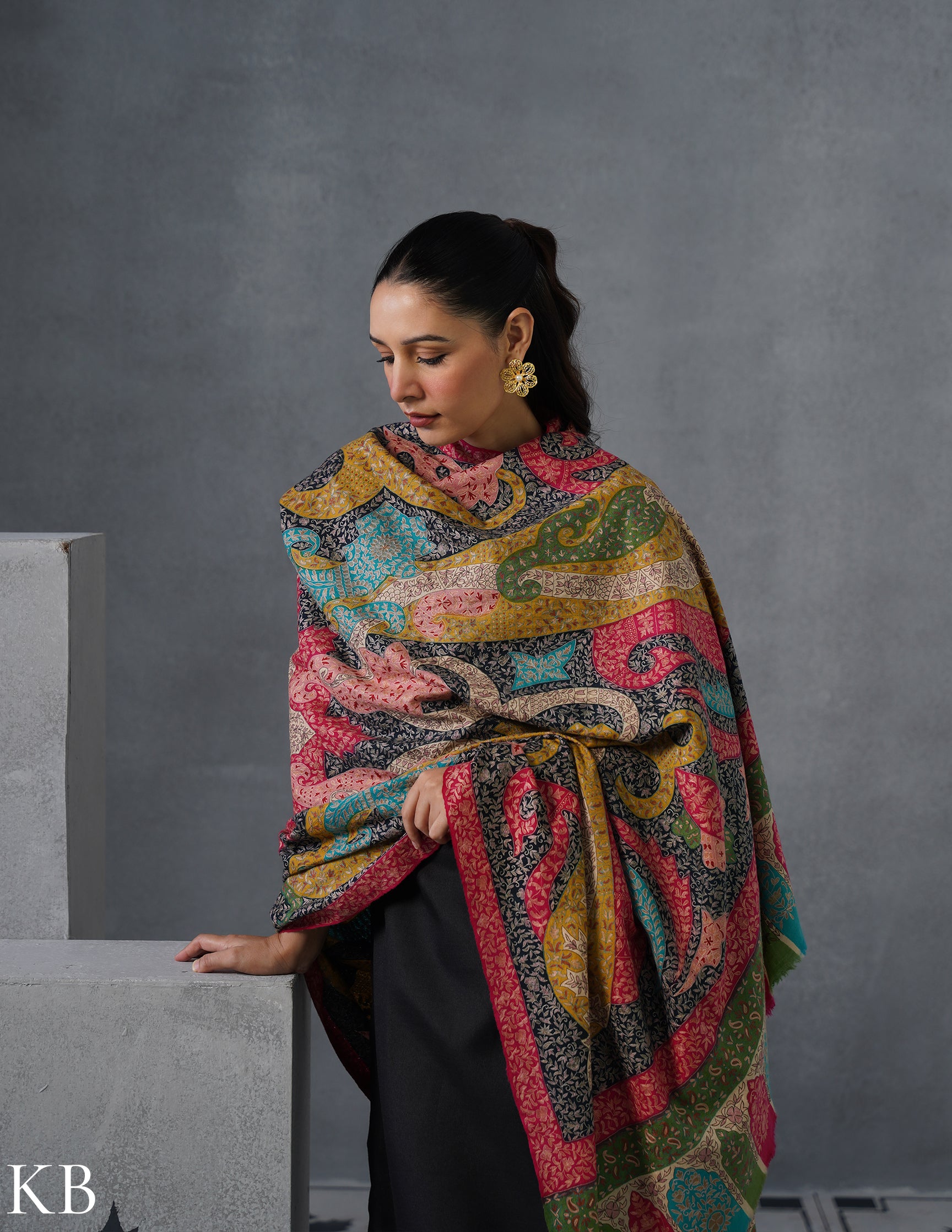 Kashmiri Handwoven Pashmina Kalamkaari Sozni Shawl – Multicoloured | Handwoven Heritage - Kashmir Box