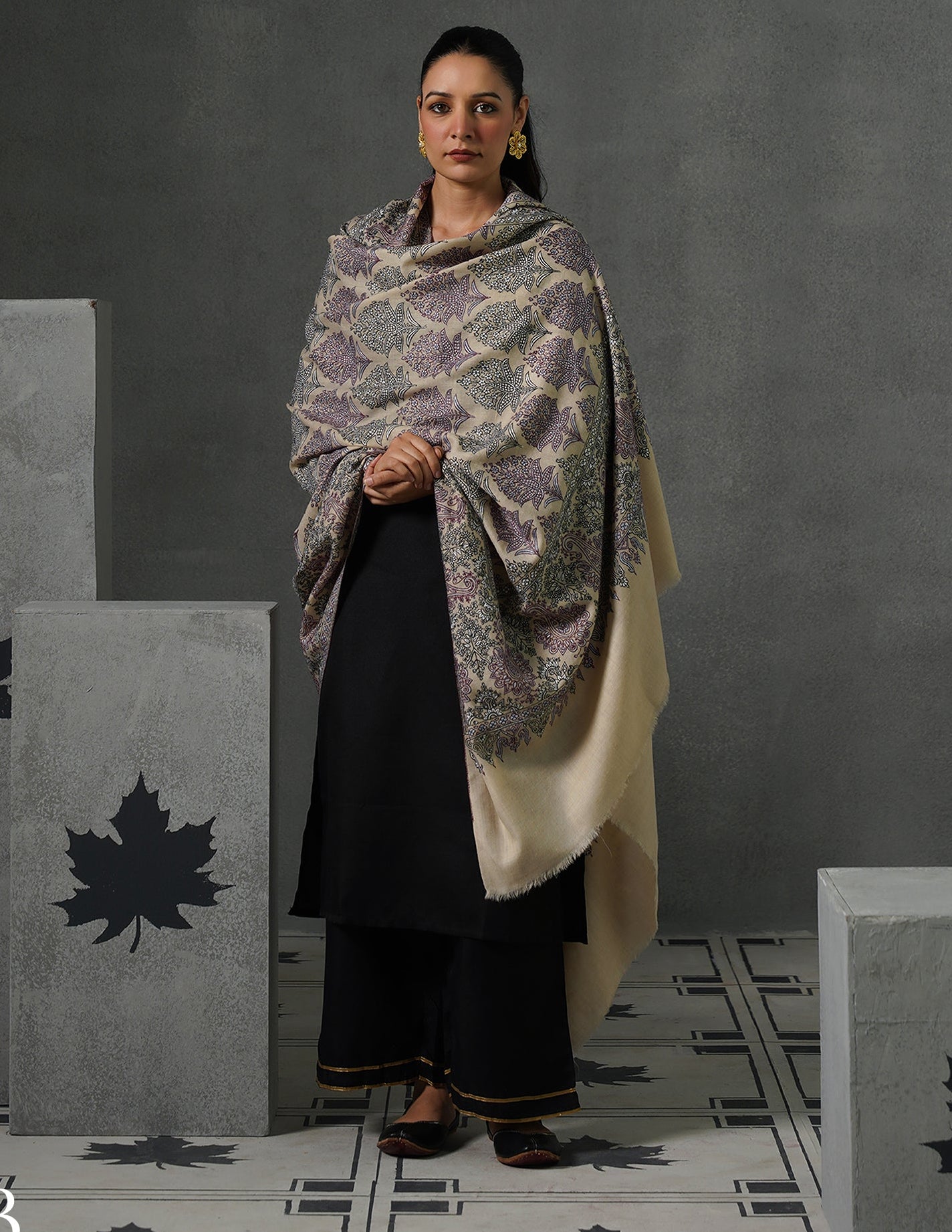 Kashmiri Handwoven Pashmina Bootidar Sozni Shawl – Cream & Lavender | Handwoven Heritage - Kashmir Box