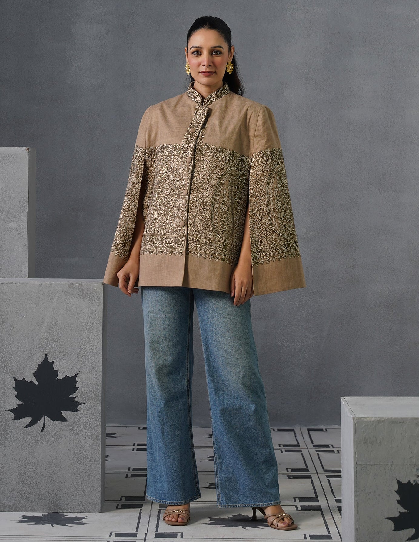 Nayaab Kashmiri Sozni Embroidered Woollen Jacket – Fawn - Kashmir Box