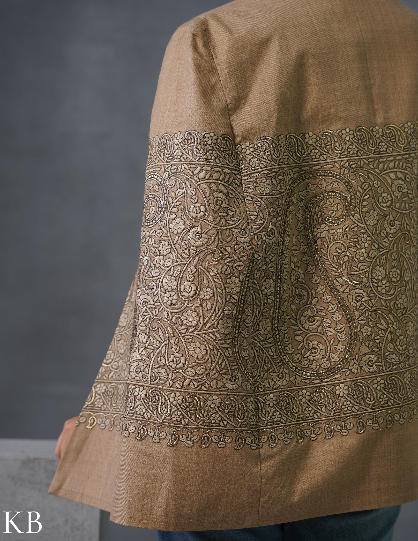 Nayaab Kashmiri Sozni Embroidered Woollen Jacket – Fawn - Kashmir Box