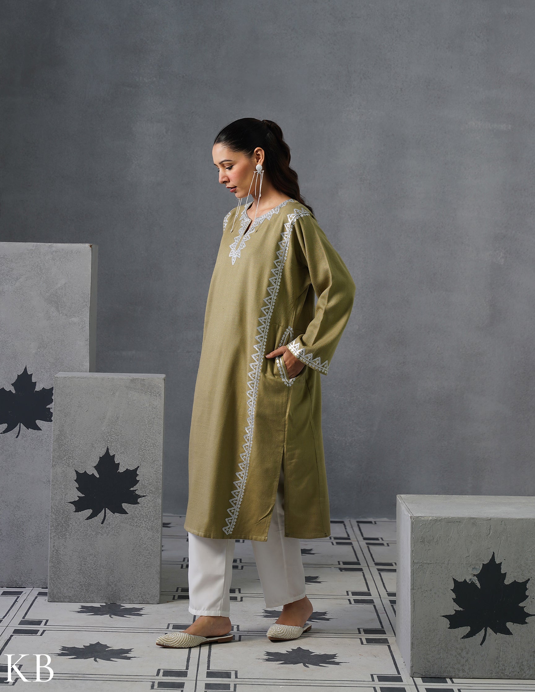 Kashmiri Silver Zari Embroidered Woollen Phiran – Fawn | Timeless Winter Wear - Kashmir Box