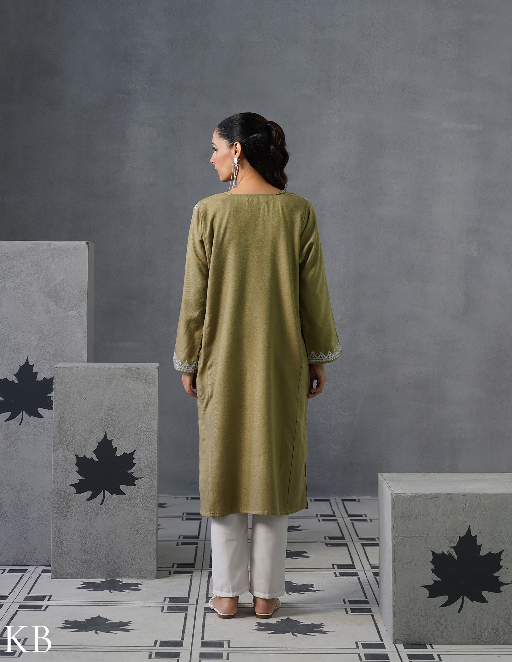 Kashmiri Silver Zari Embroidered Woollen Phiran – Fawn | Timeless Winter Wear - Kashmir Box