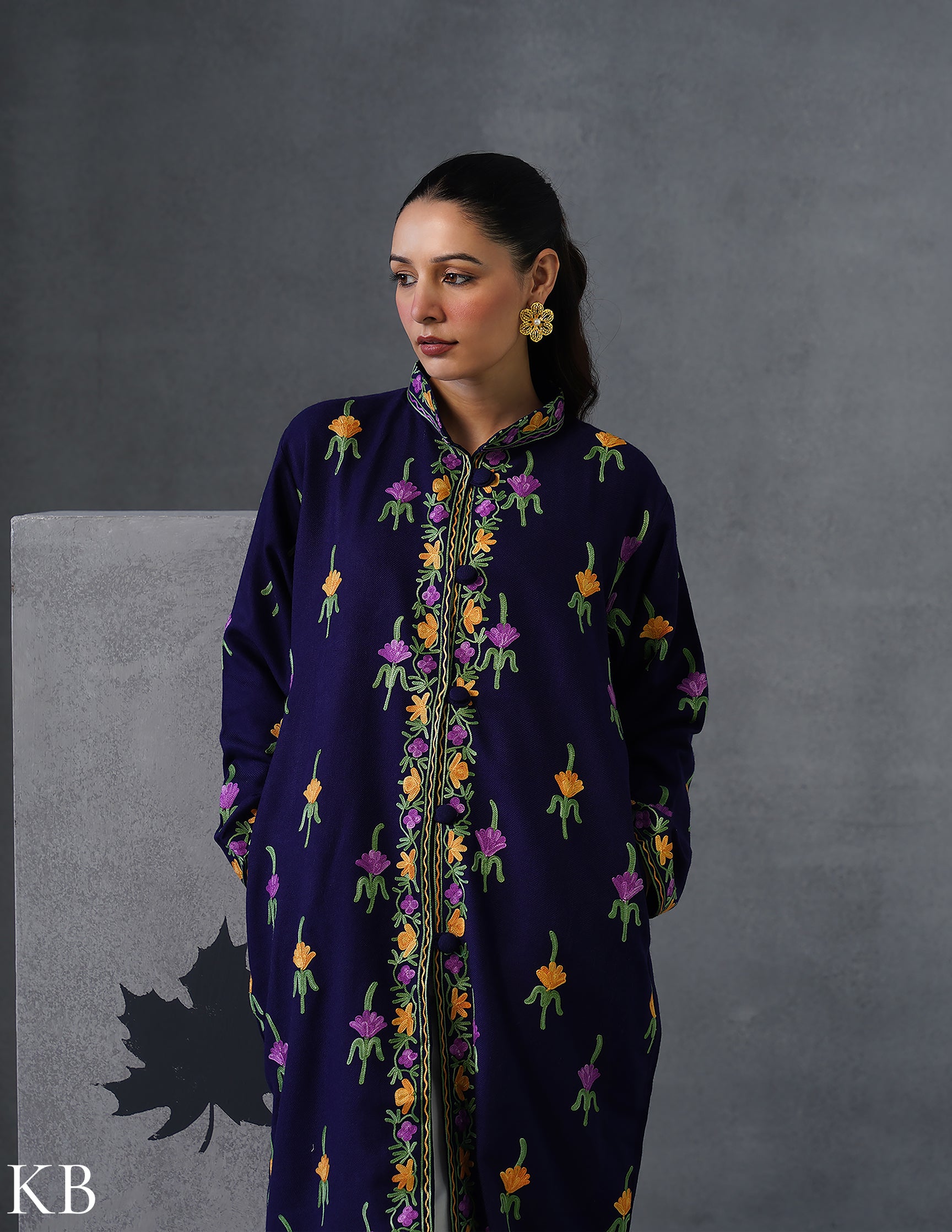 Nayaab Kashmiri Aari Embroidered Long Winter Jacket – Blue | Festive Wear - Kashmir Box