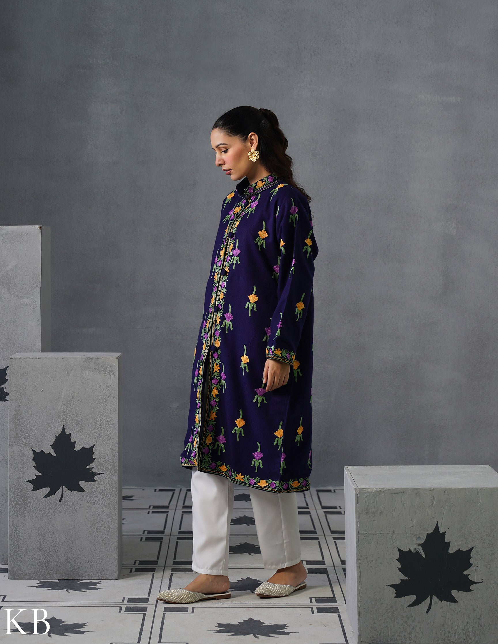 Nayaab Kashmiri Aari Embroidered Long Winter Jacket – Blue | Festive Wear - Kashmir Box