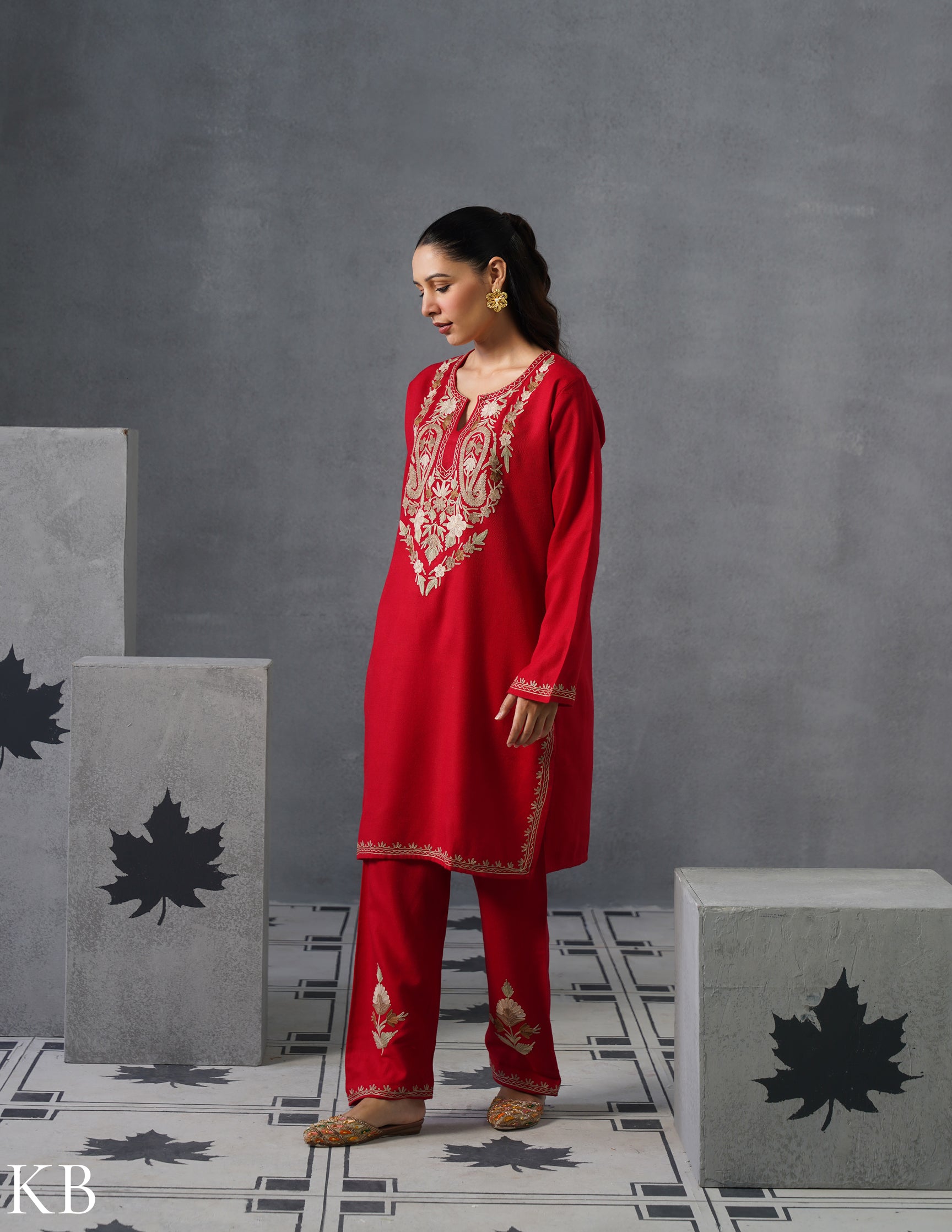 Kashmiri Multi-Toned Brown Aari Embroidered Woollen Coordset – Red | Classic Winter Wear - Kashmir Box