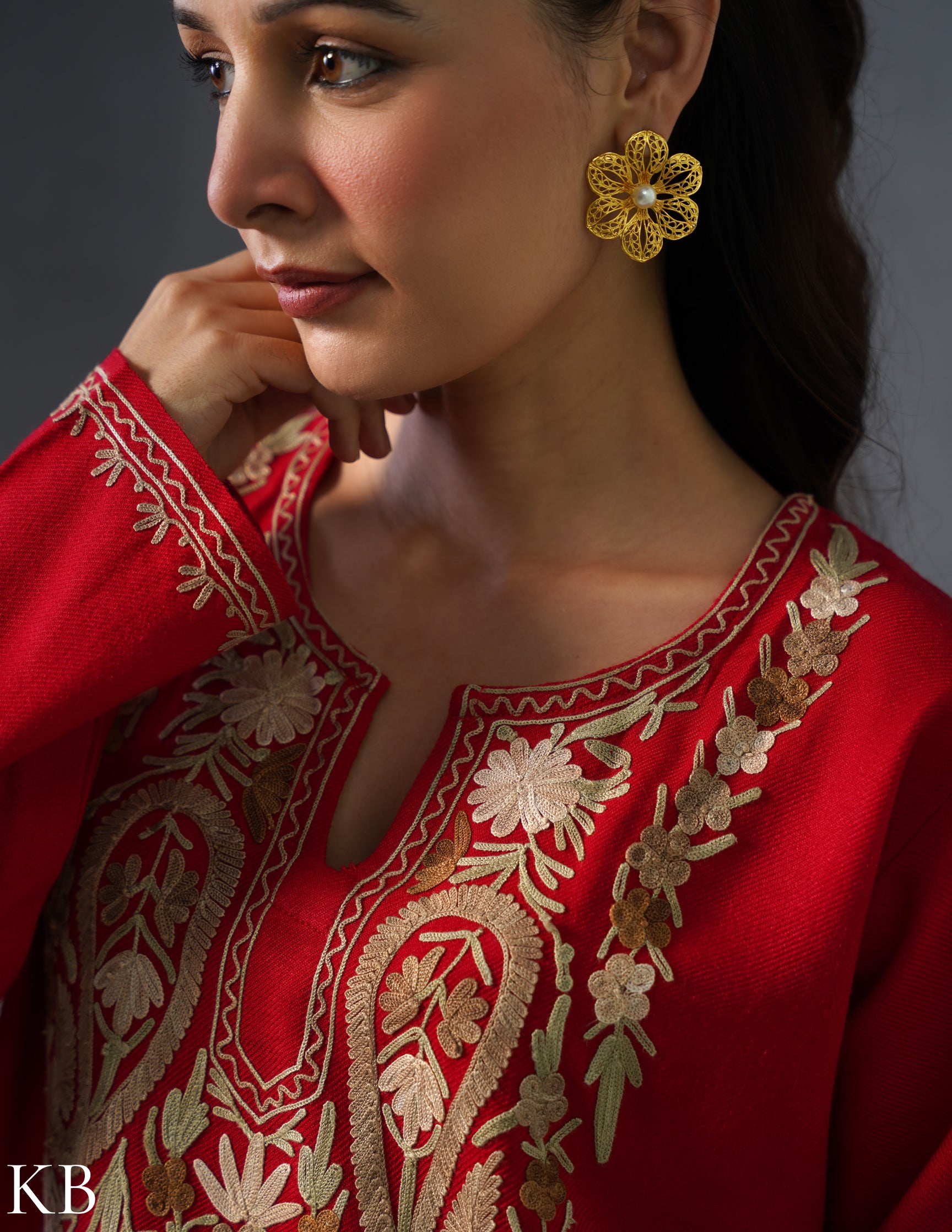 Kashmiri Multi-Toned Brown Aari Embroidered Woollen Coordset – Red | Classic Winter Wear - Kashmir Box