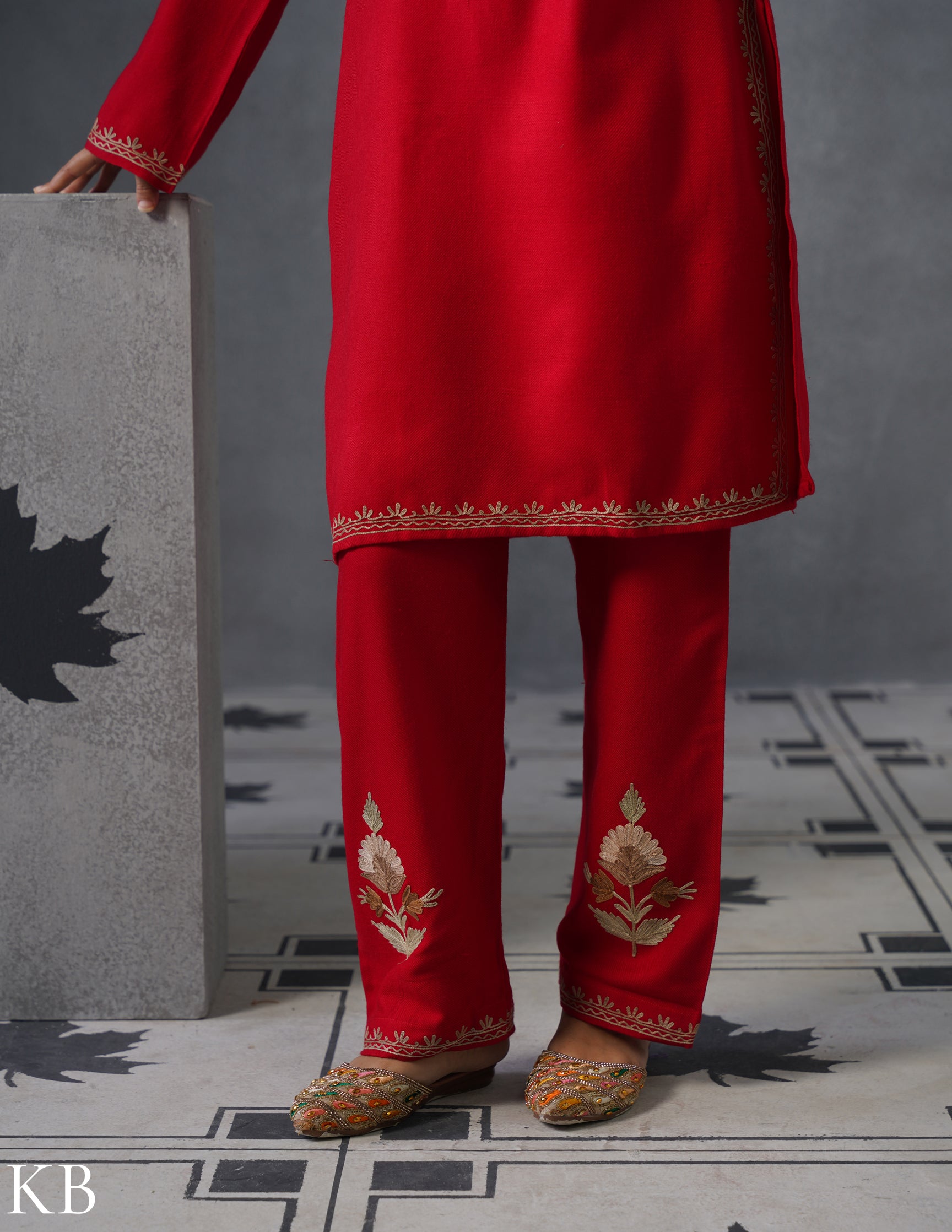 Kashmiri Multi-Toned Brown Aari Embroidered Woollen Coordset – Red | Classic Winter Wear - Kashmir Box