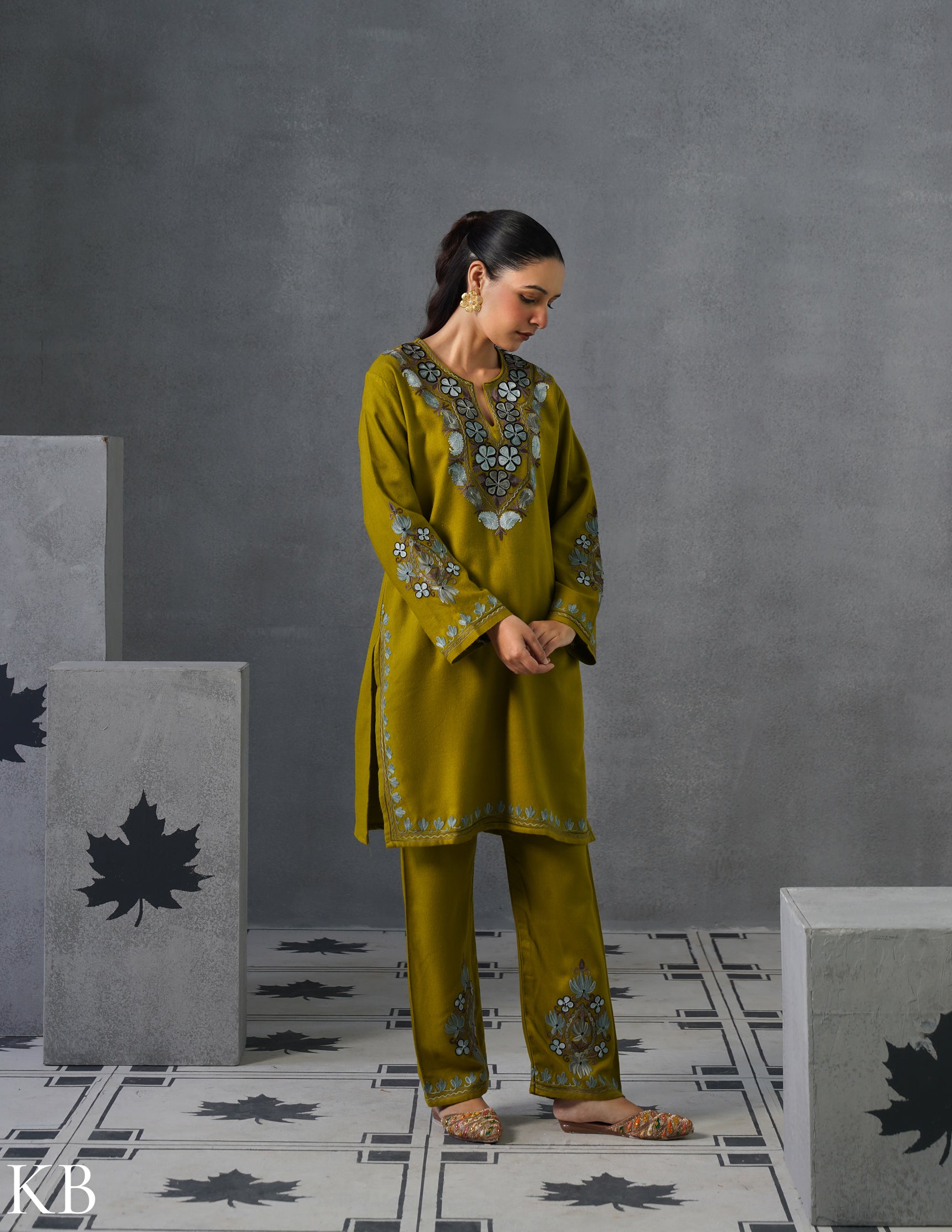 Kashmiri Grey & Brown Aari Embroidered Woollen Coordset – Moong Green | Timeless Style - Kashmir Box