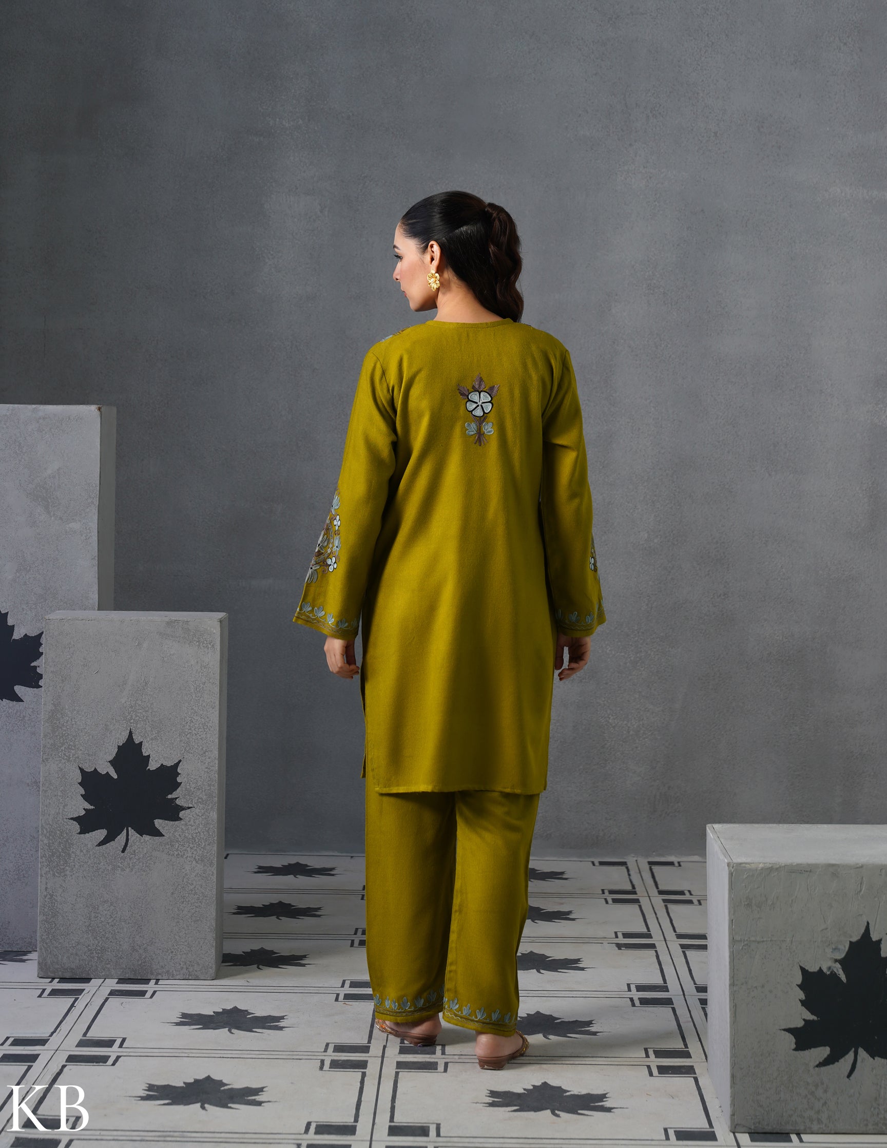 Kashmiri Grey & Brown Aari Embroidered Woollen Coordset – Moong Green | Timeless Style - Kashmir Box