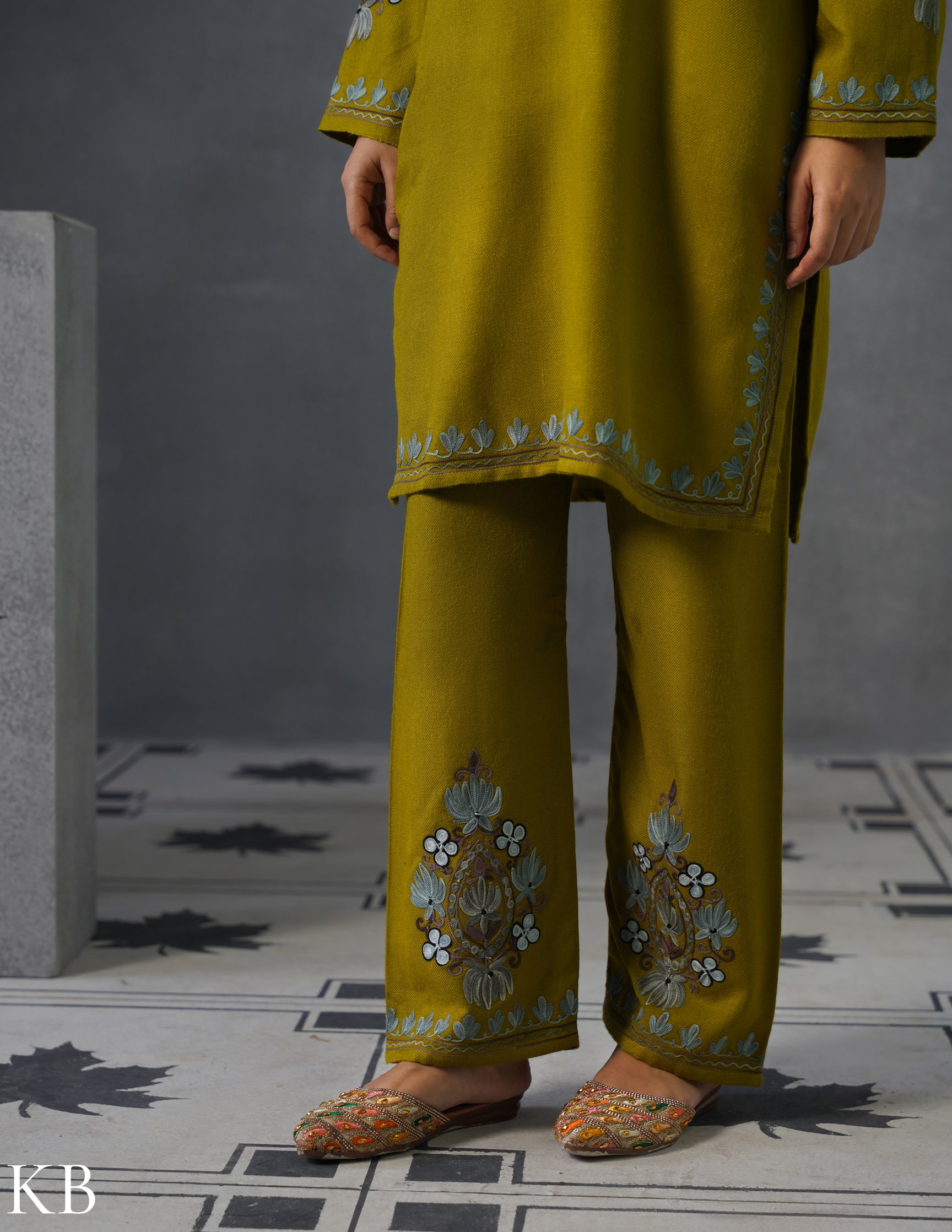 Kashmiri Grey & Brown Aari Embroidered Woollen Coordset – Moong Green | Timeless Style - Kashmir Box