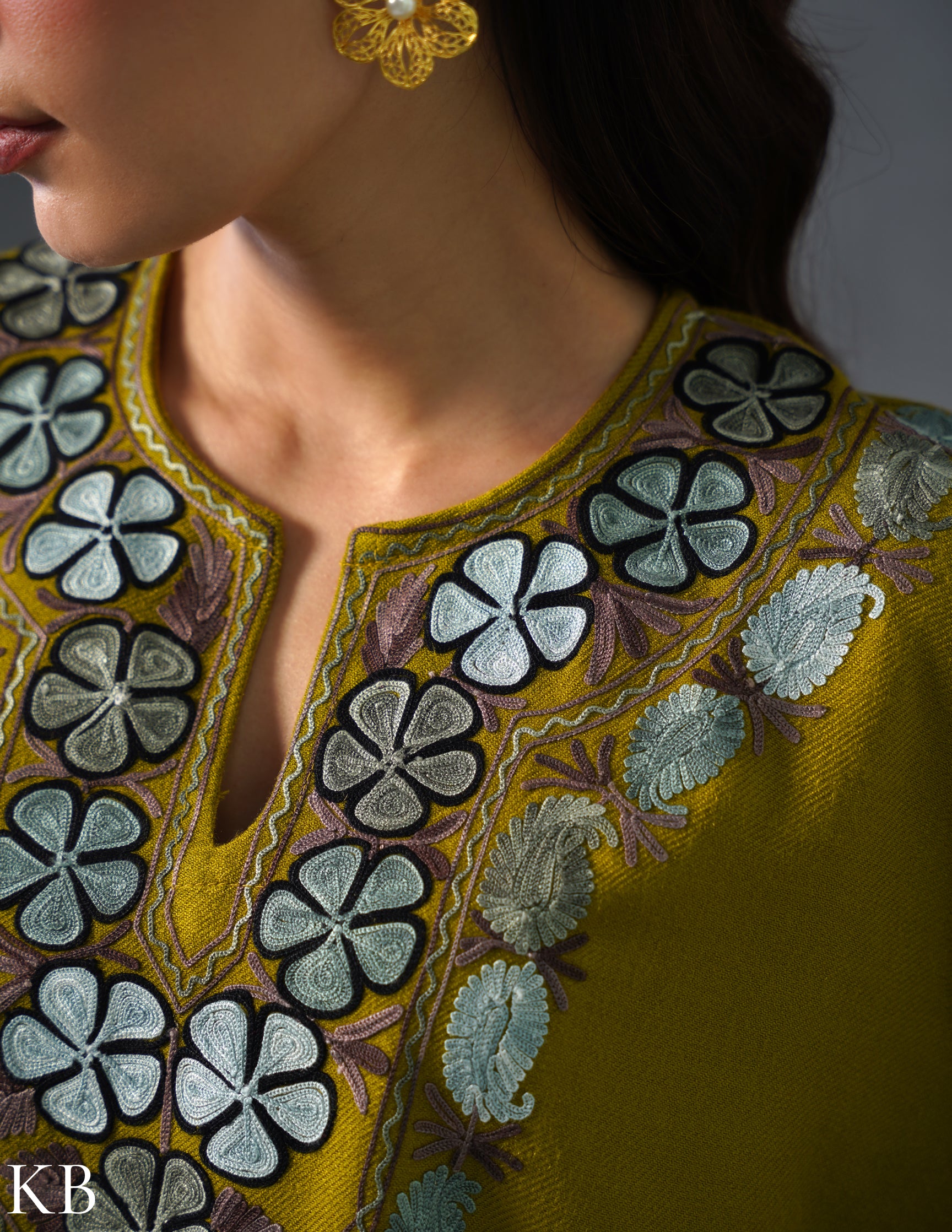 Kashmiri Grey & Brown Aari Embroidered Woollen Coordset – Moong Green | Timeless Style - Kashmir Box