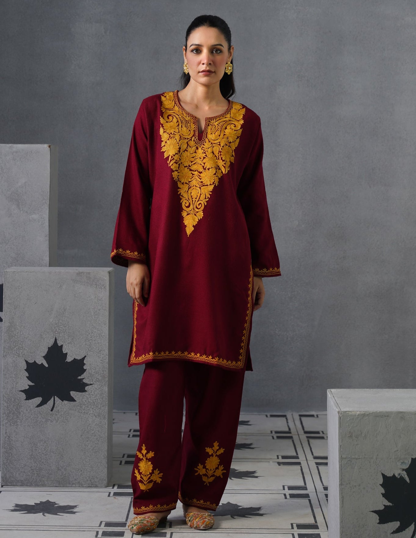 Kashmiri Mustard Aari Embroidered Woollen Coordset – Maroon | Refined Winter Wear - Kashmir Box