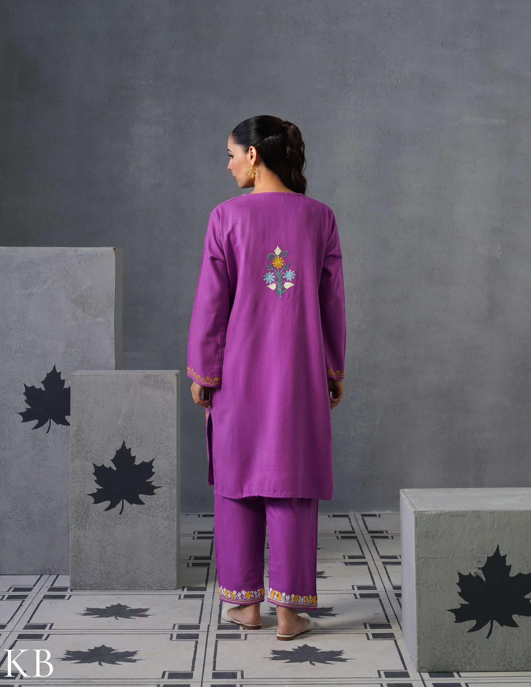 Kashmiri Multicolour Aari Embroidered Woollen Coordset – Purple | Artistic Winter Wear - Kashmir Box