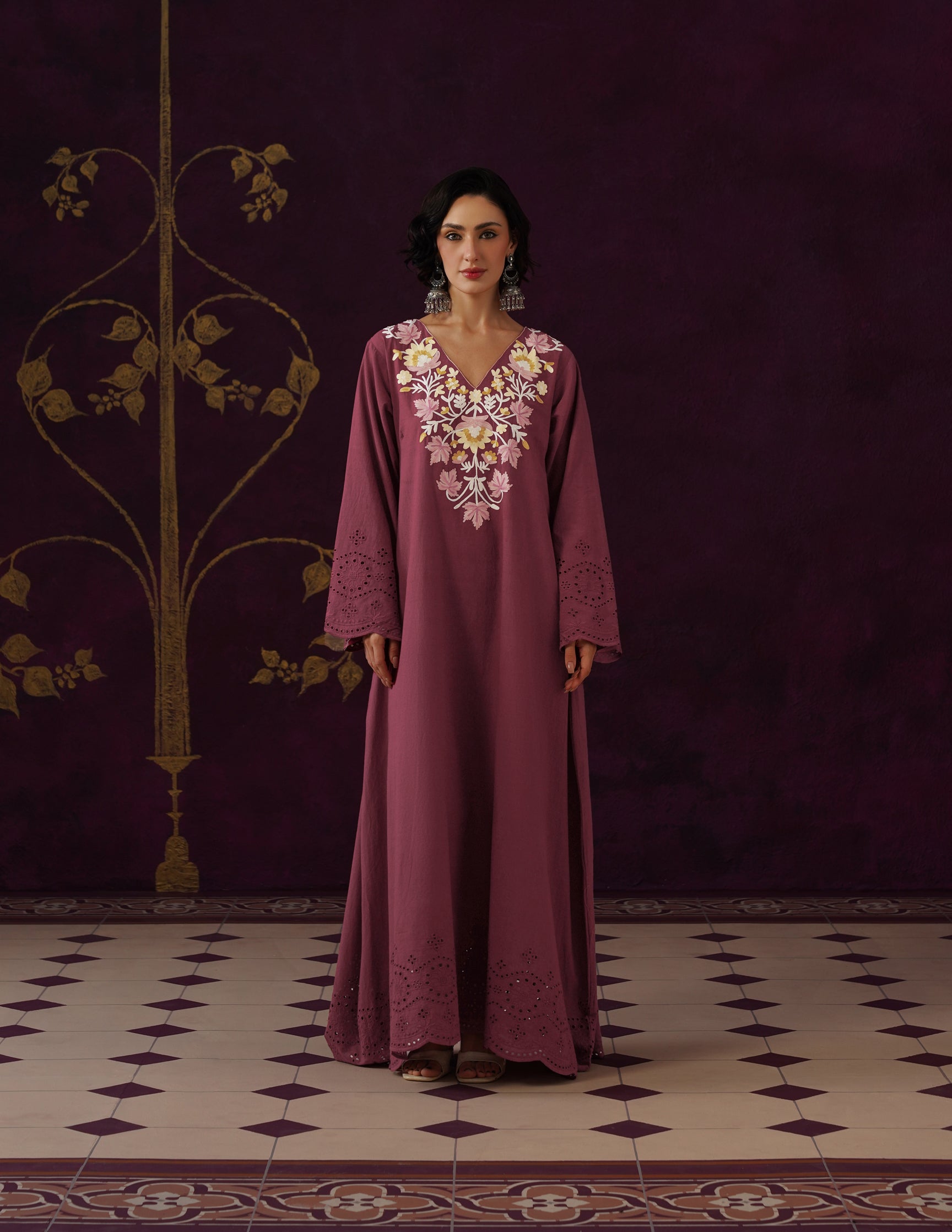 Maroon Schiffli & Aari Embroidered Cambric Cotton Gown