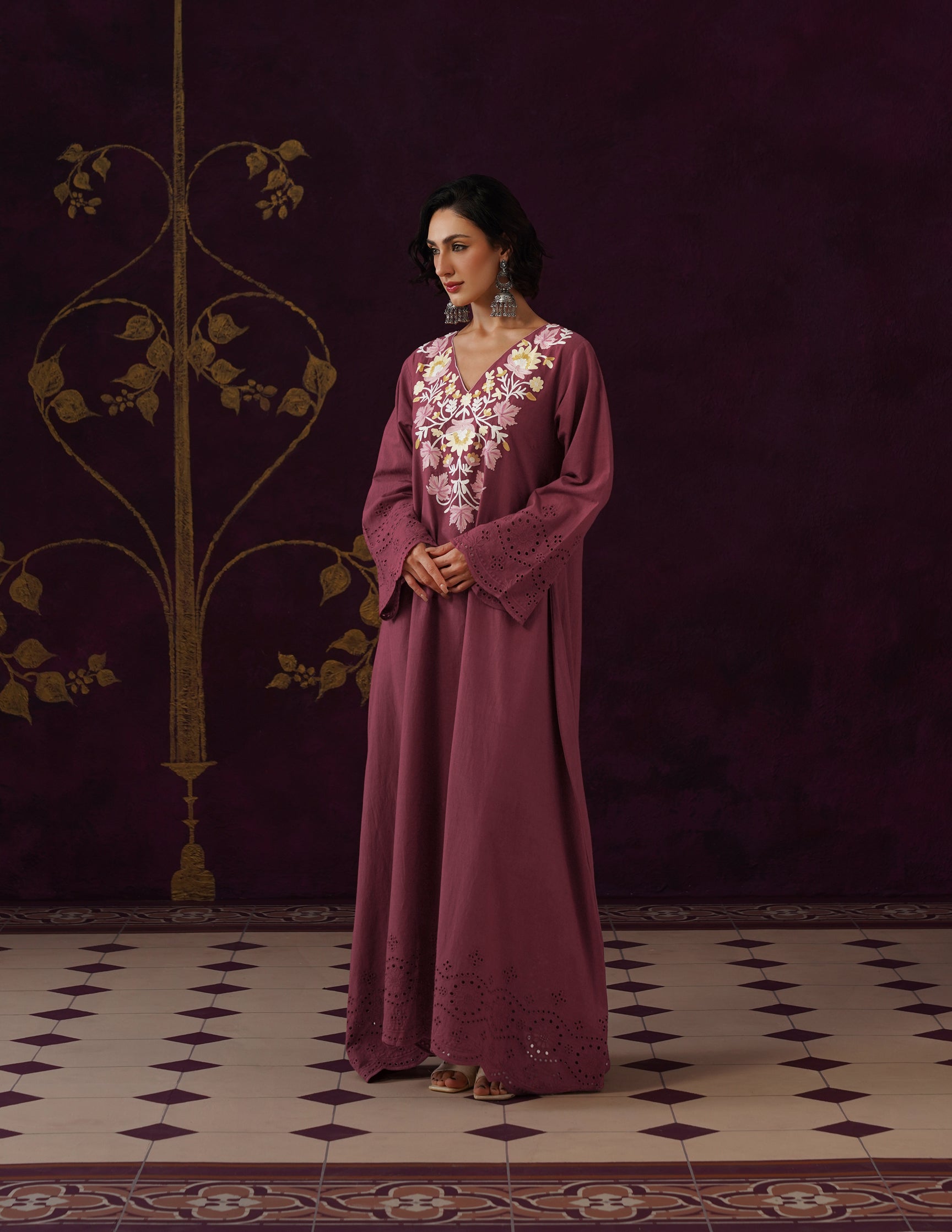 Maroon Schiffli & Aari Embroidered Cambric Cotton Gown