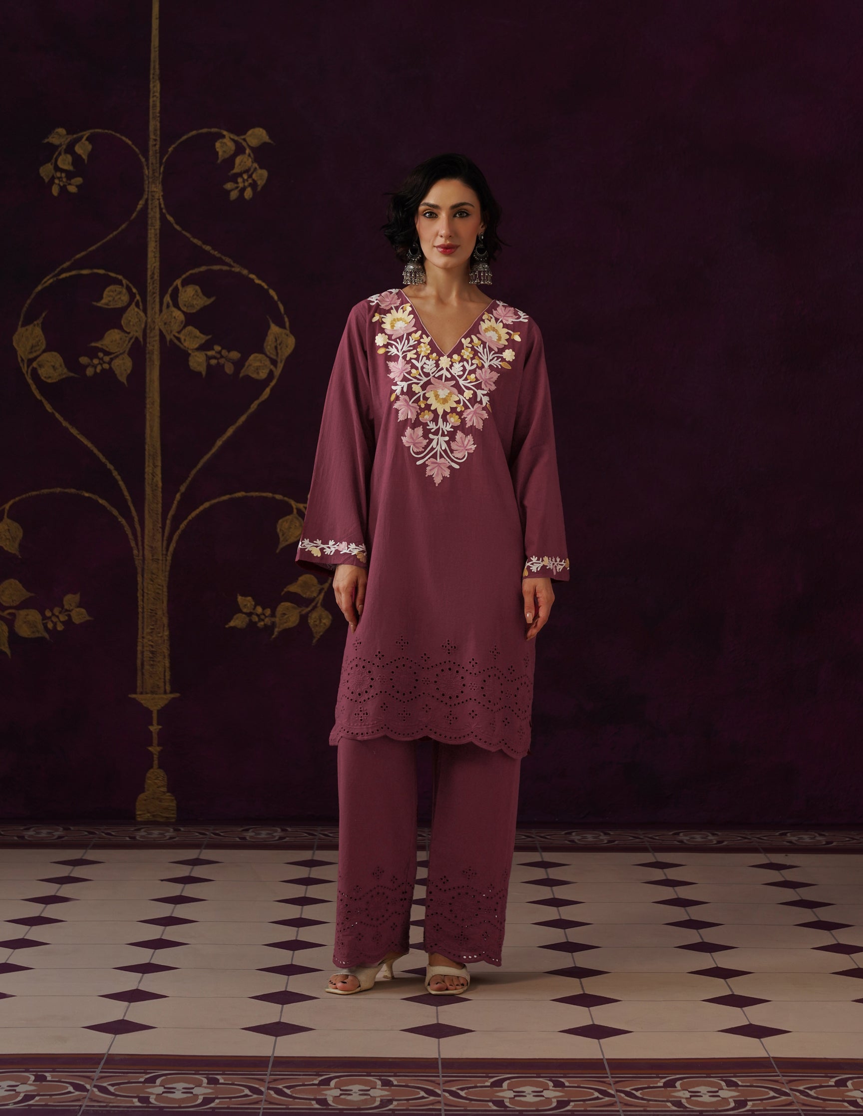 Maroon Schiffli & Aari Embroidered Cambric Cotton Co-ord Set