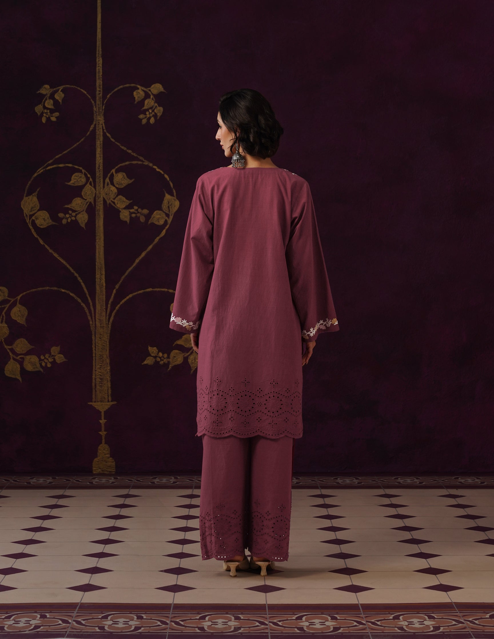 Maroon Schiffli & Aari Embroidered Cambric Cotton Co-ord Set