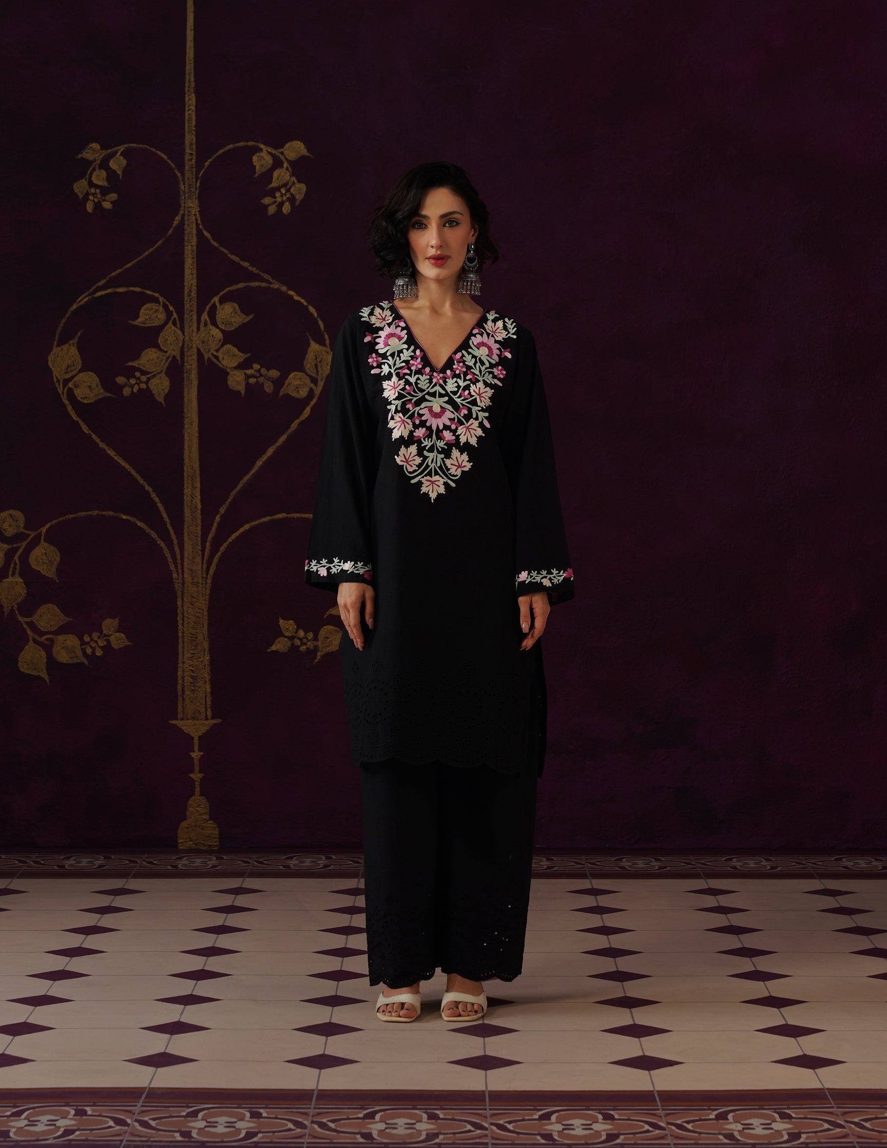 Black Schiffli & Aari Embroidered Cambric Cotton Co-ord Set