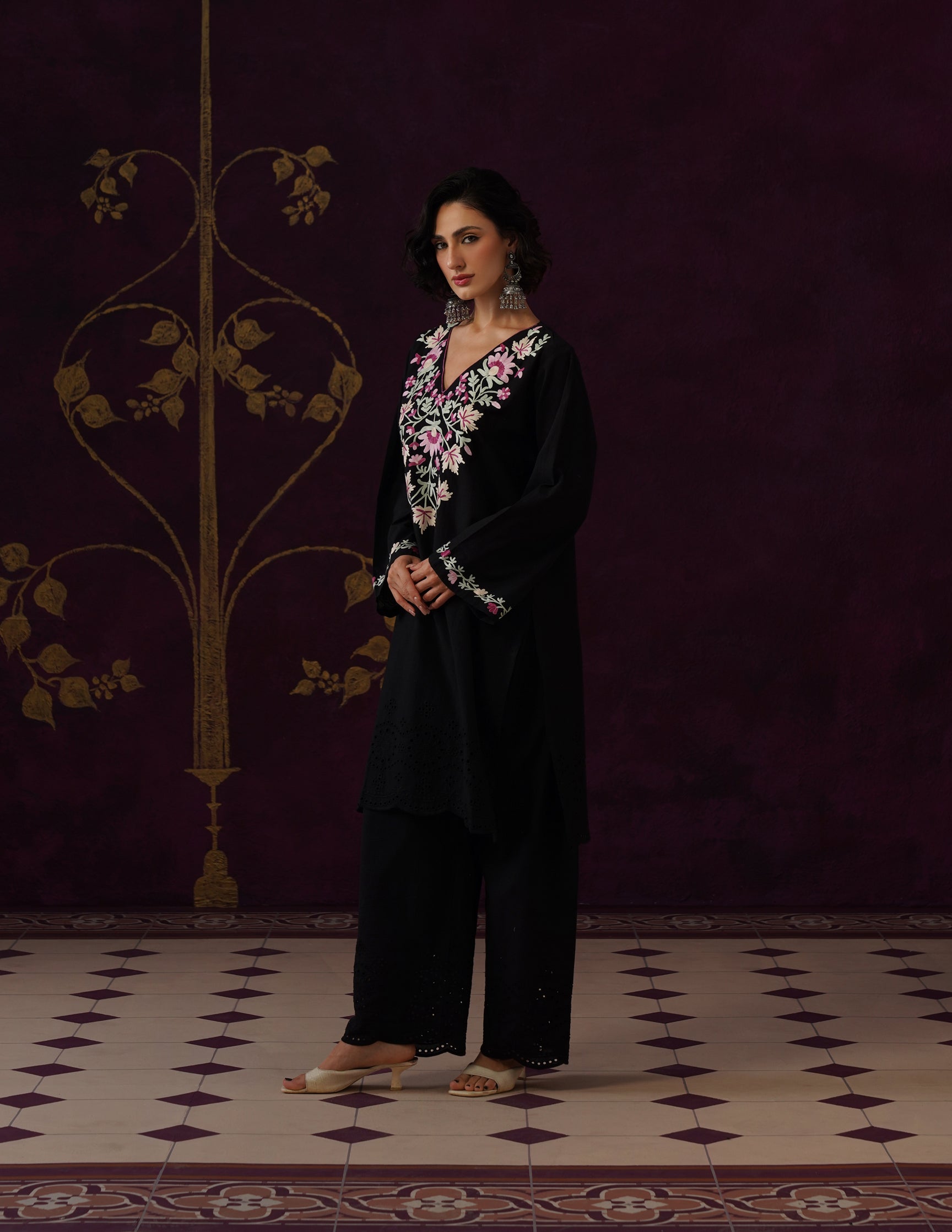 Black Schiffli & Aari Embroidered Cambric Cotton Co-ord Set