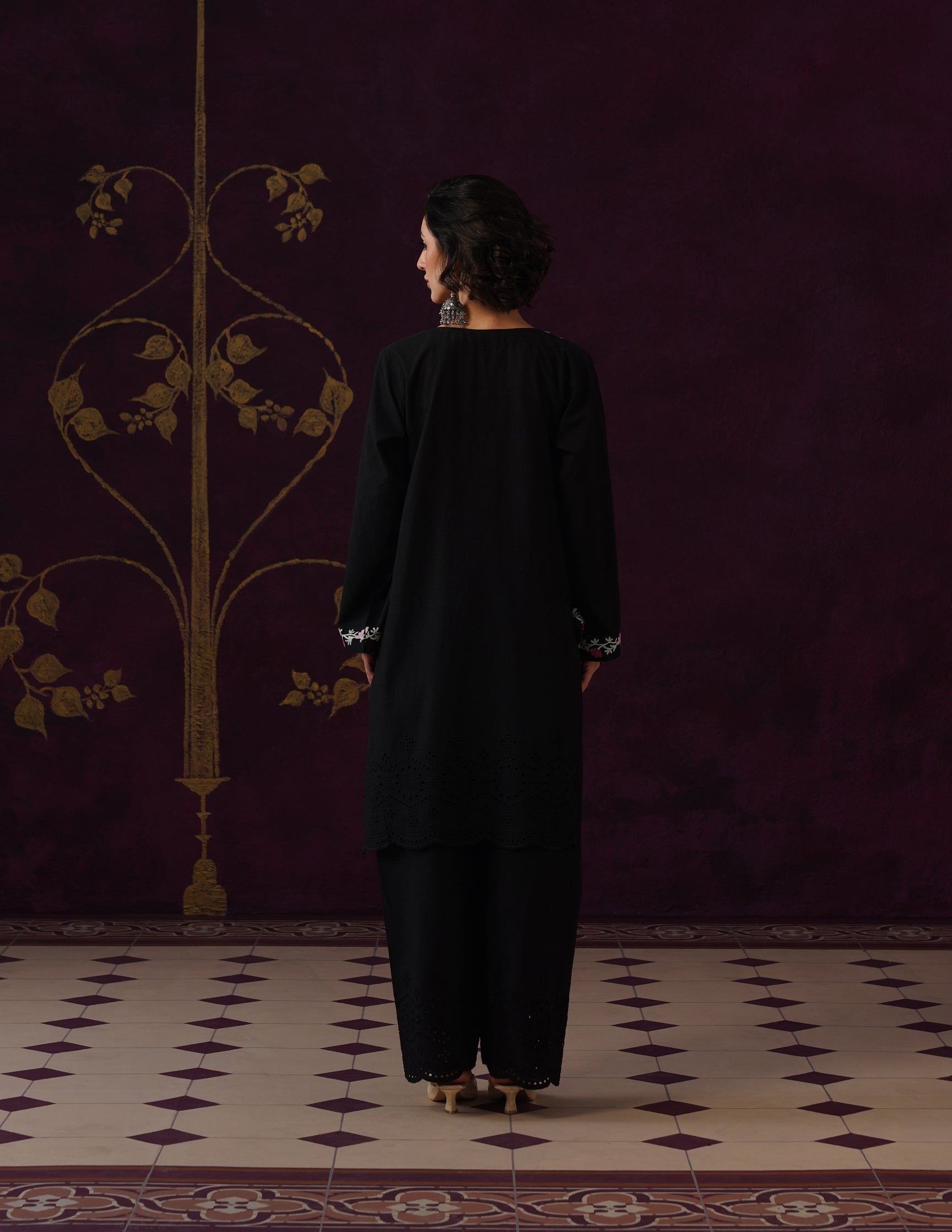 Black Schiffli & Aari Embroidered Cambric Cotton Co-ord Set