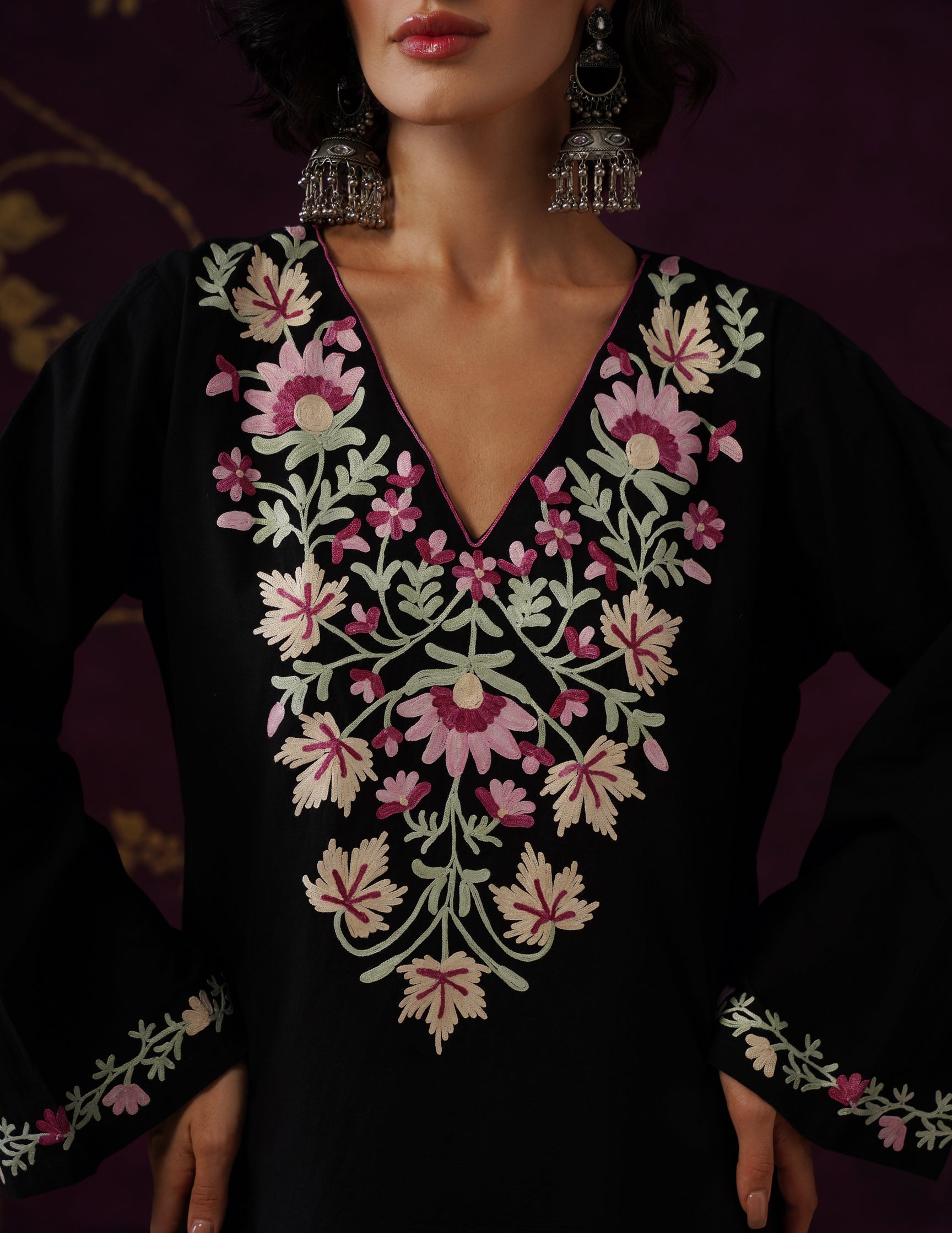 Black Schiffli & Aari Embroidered Cambric Cotton Co-ord Set
