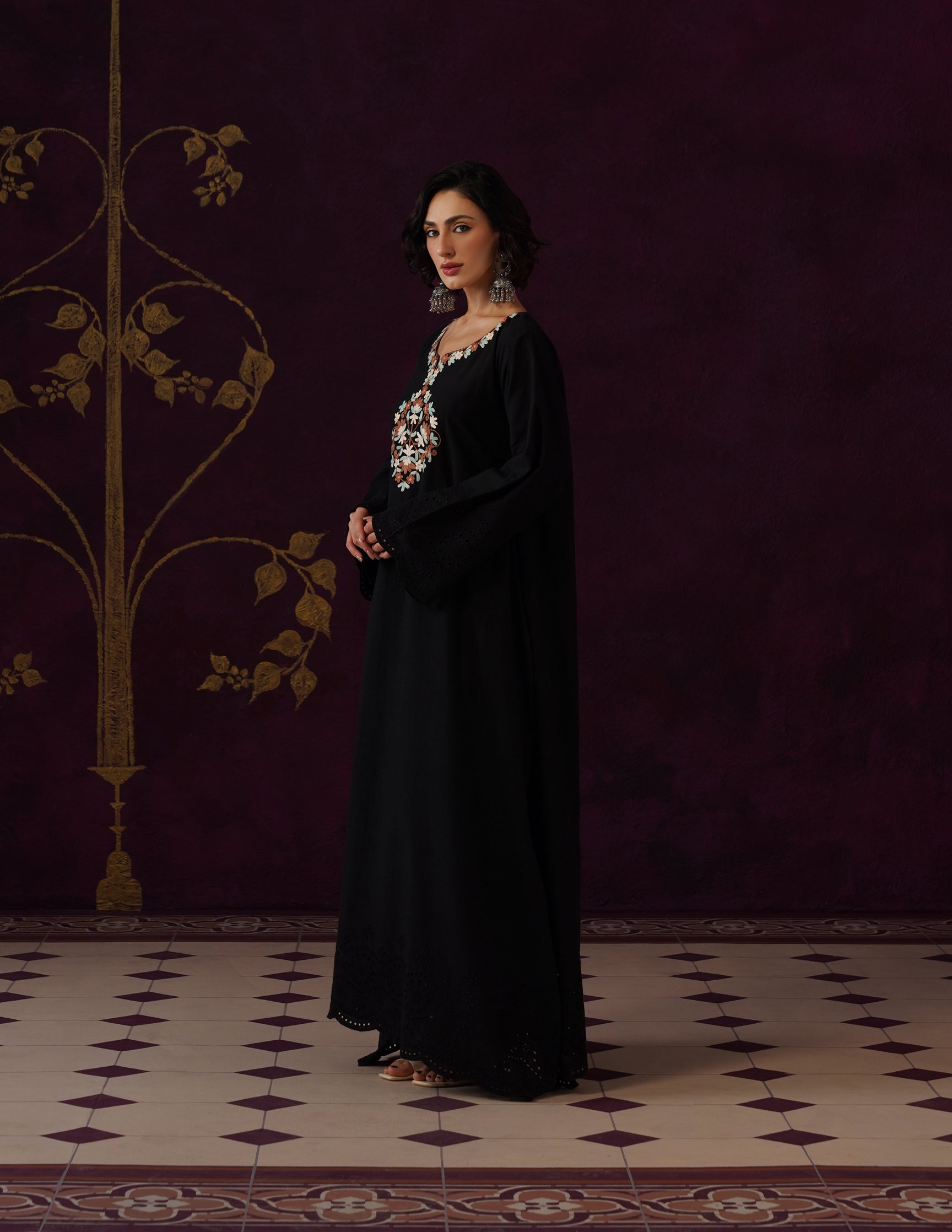 Black Schiffli & Aari Embroidered Cambric Cotton Gown