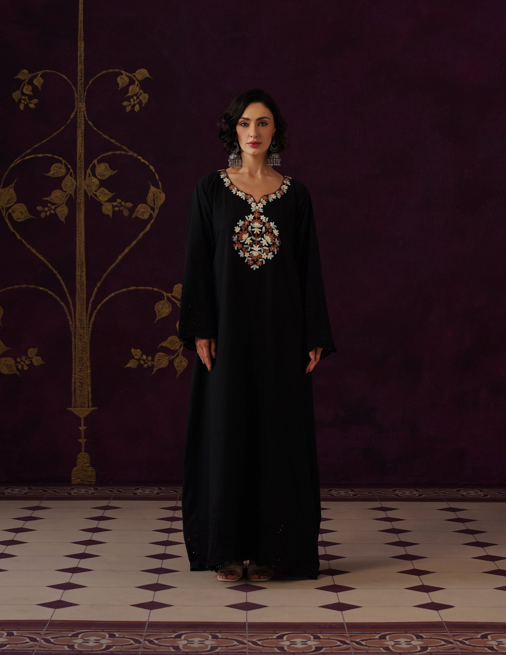 Black Schiffli & Aari Embroidered Cambric Cotton Gown