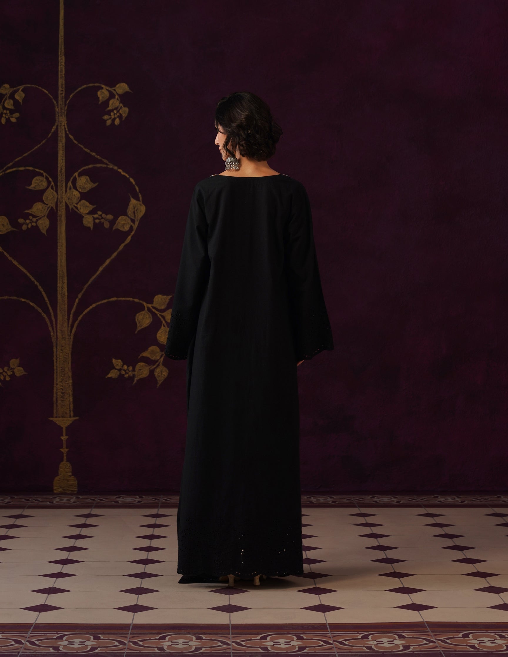 Black Schiffli & Aari Embroidered Cambric Cotton Gown