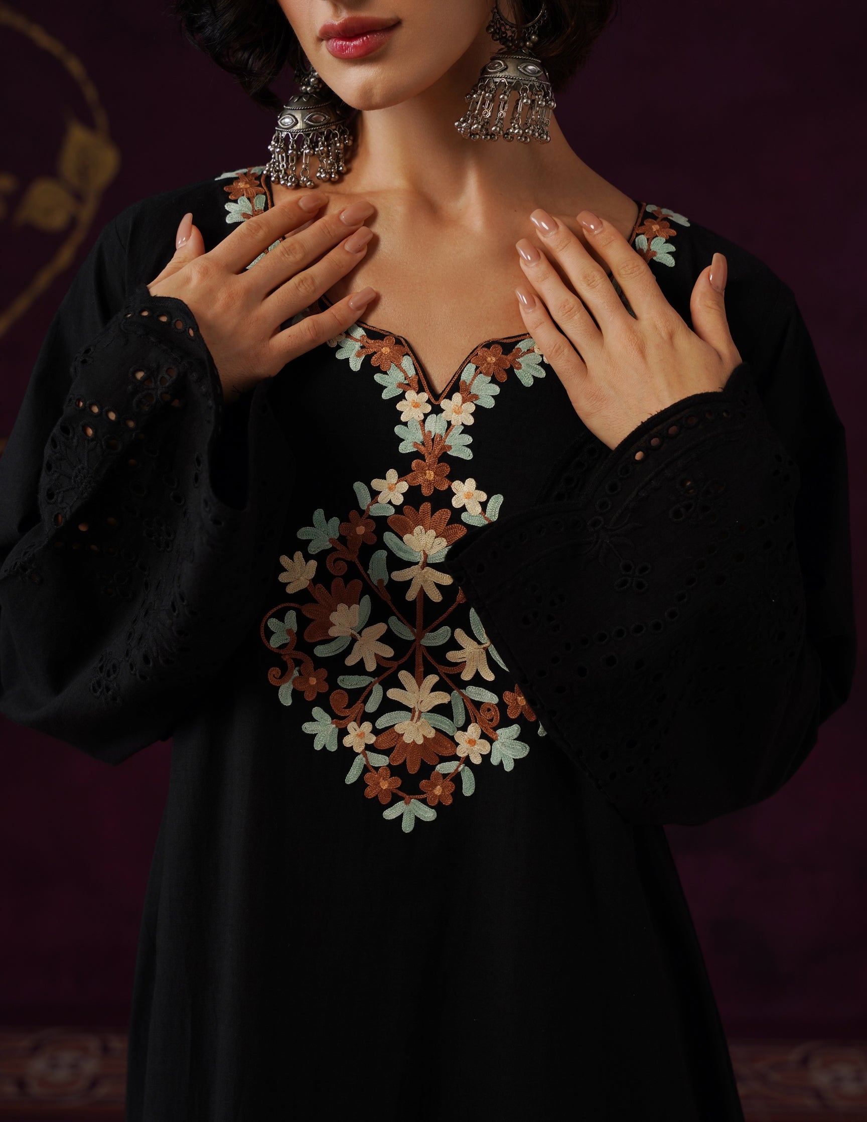 Black Schiffli & Aari Embroidered Cambric Cotton Gown
