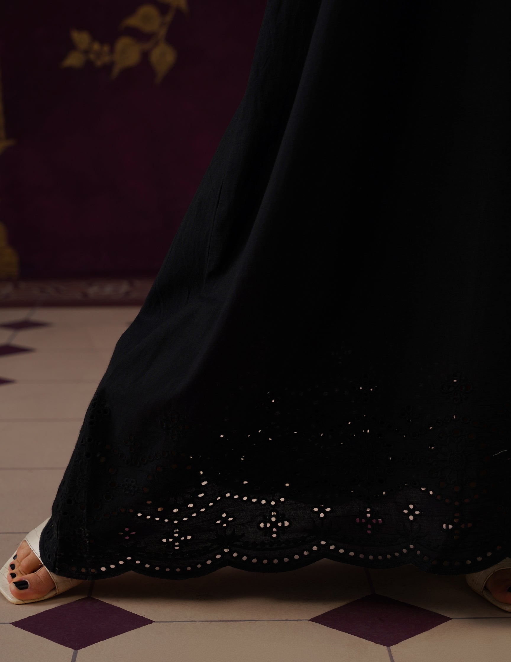 Black Schiffli & Aari Embroidered Cambric Cotton Gown