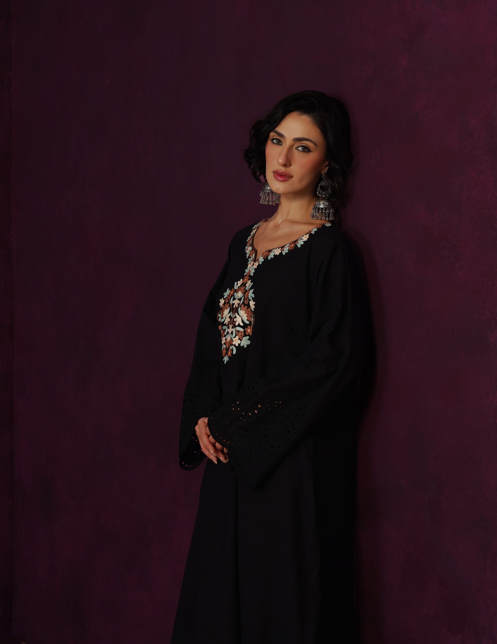 Black Schiffli & Aari Embroidered Cambric Cotton Gown