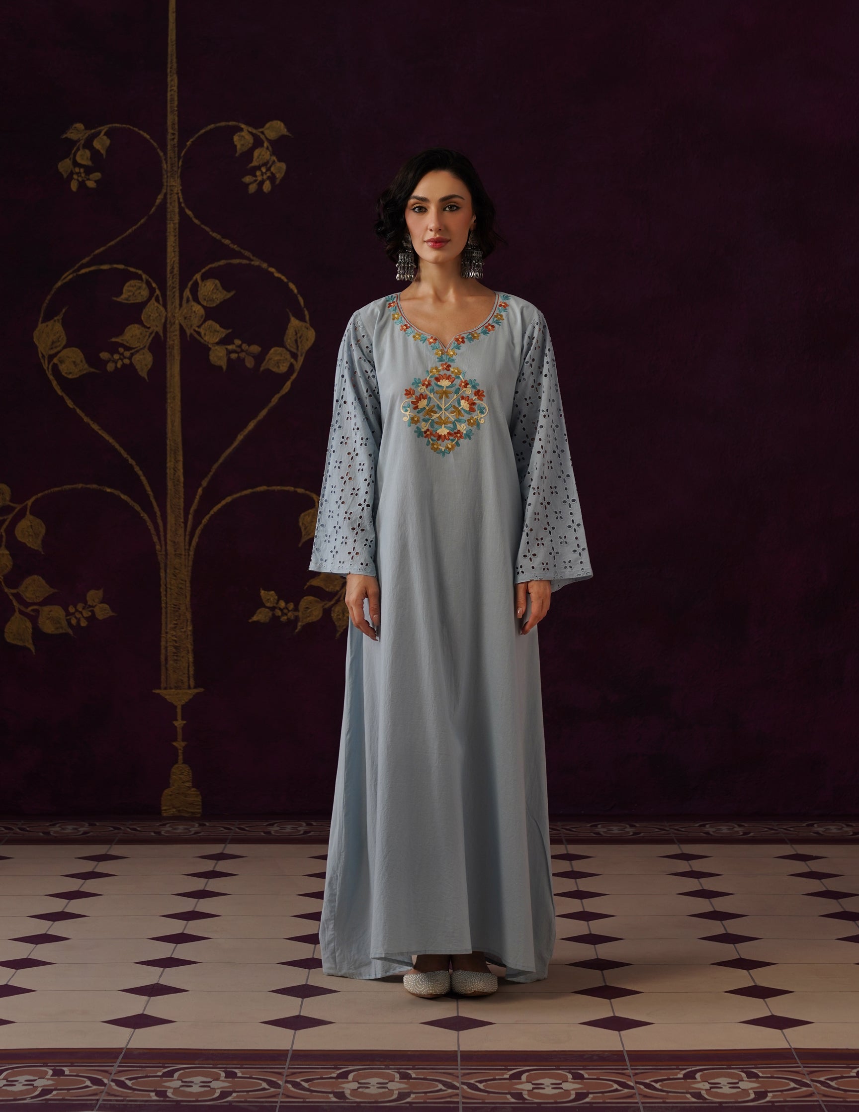 Light Blue Schiffli & Aari Embroidered Cambric Cotton Gown