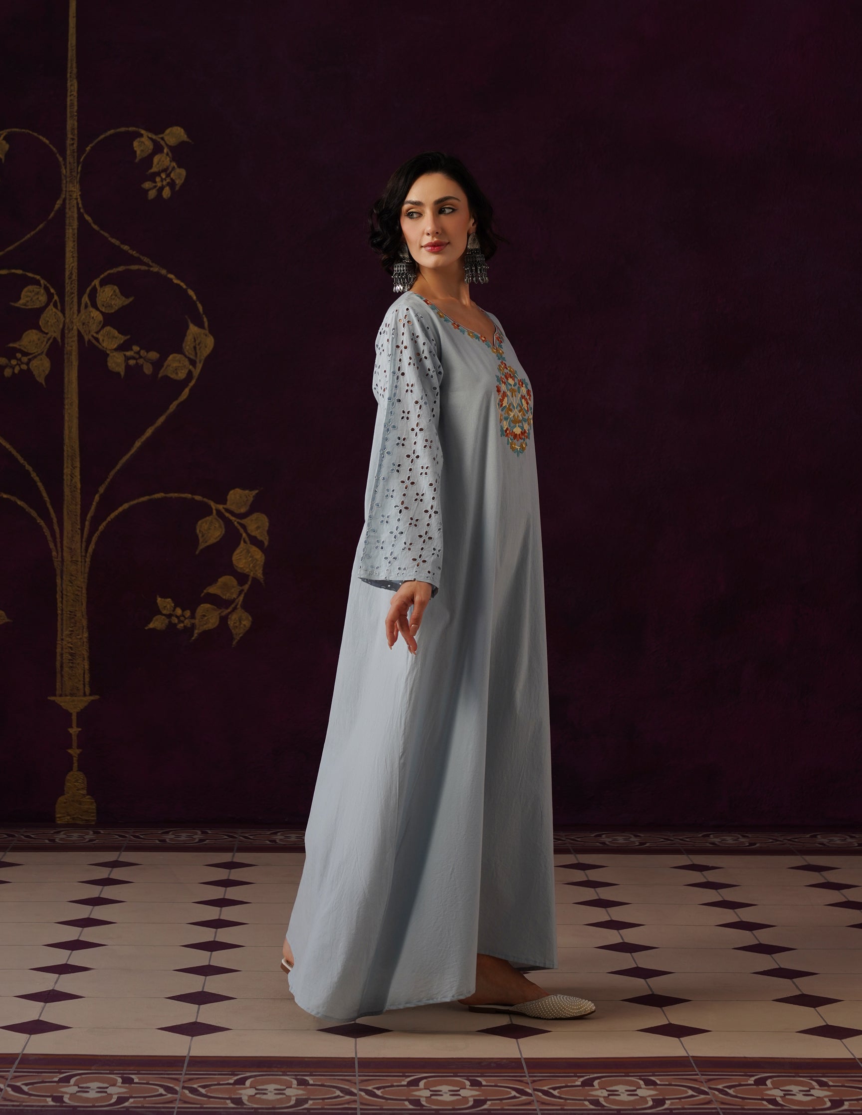 Light Blue Schiffli & Aari Embroidered Cambric Cotton Gown