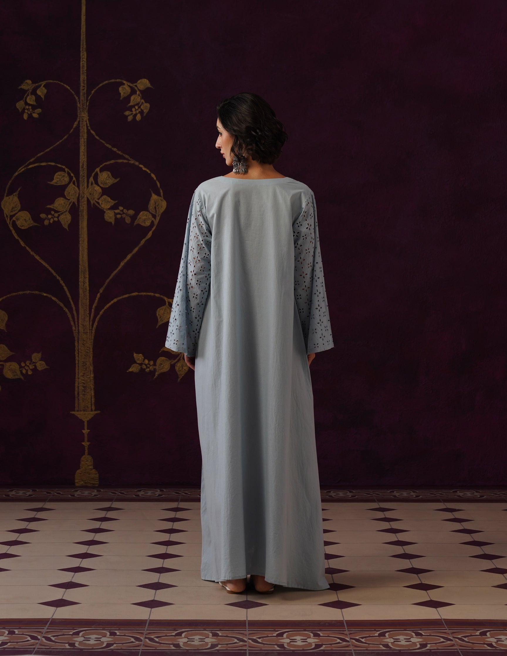 Light Blue Schiffli & Aari Embroidered Cambric Cotton Gown