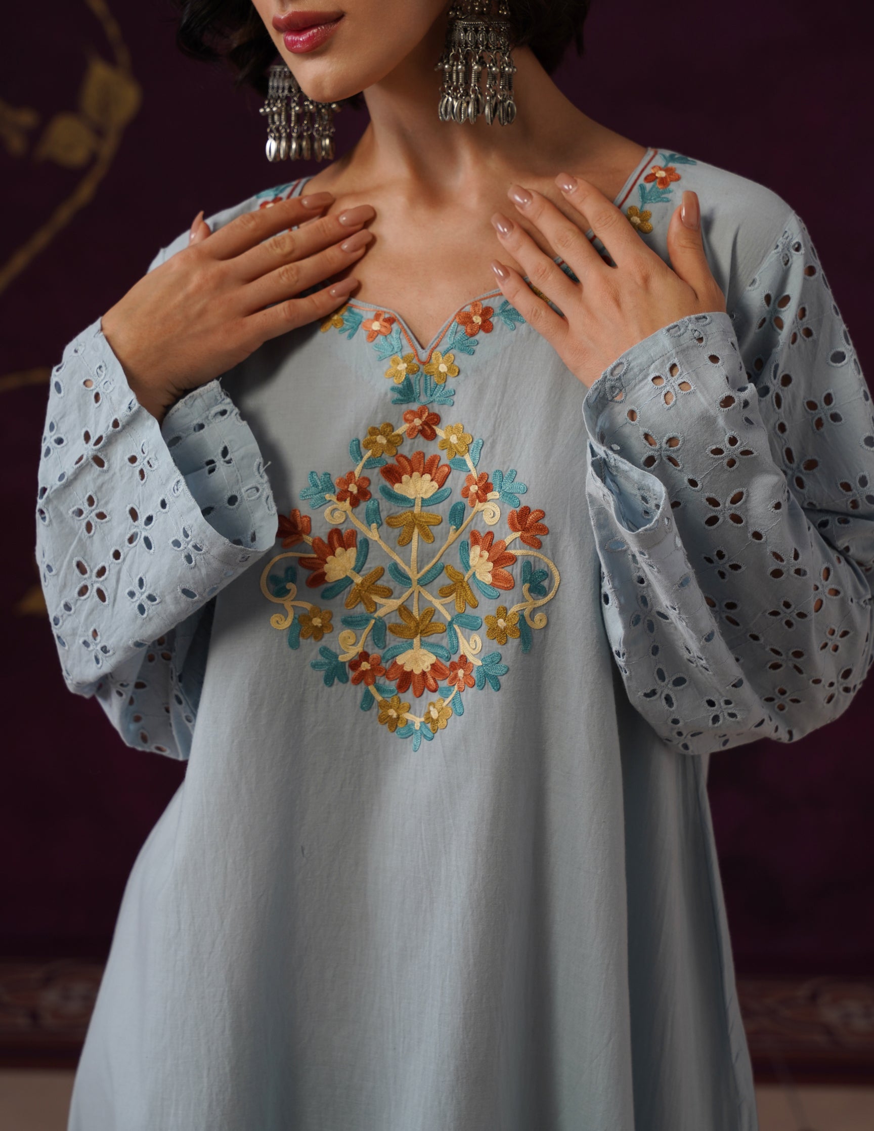 Light Blue Schiffli & Aari Embroidered Cambric Cotton Gown