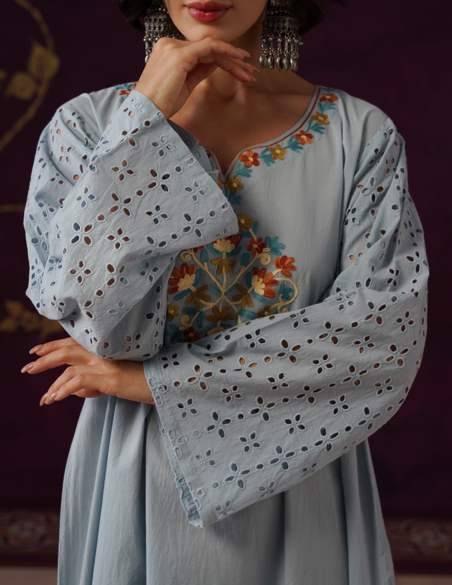 Light Blue Schiffli & Aari Embroidered Cambric Cotton Gown