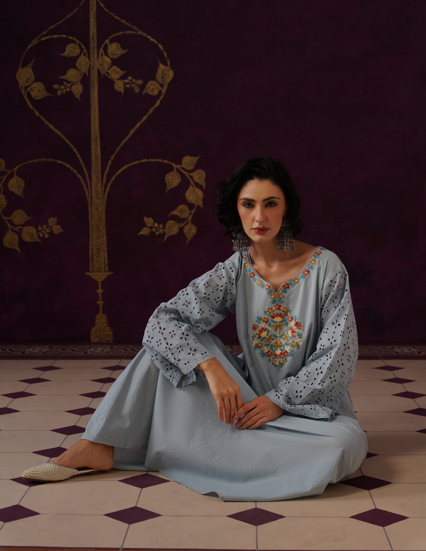 Light Blue Schiffli & Aari Embroidered Cambric Cotton Gown
