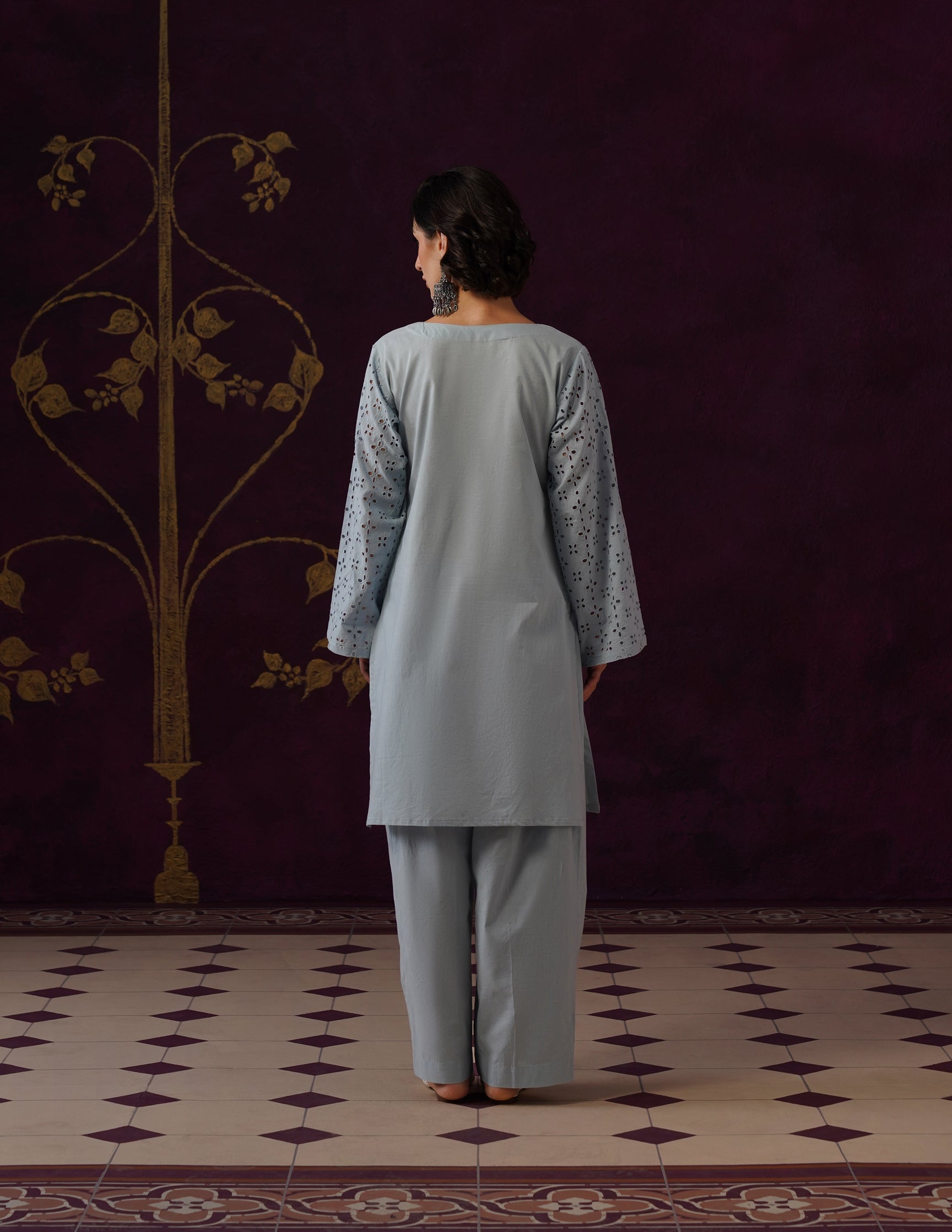 Light Blue Schiffli & Aari Embroidered Cambric Cotton Co-ord Set