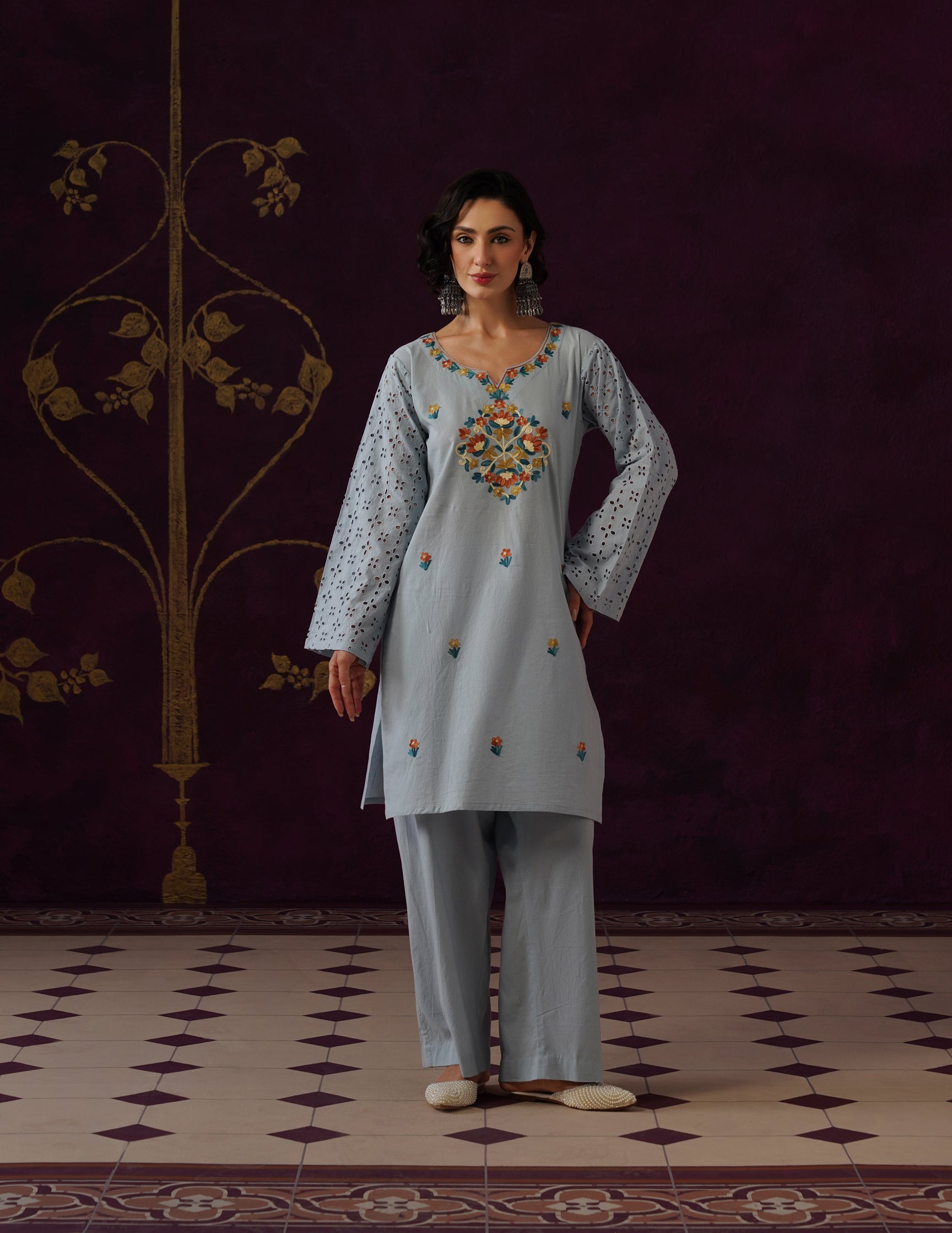 Light Blue Schiffli & Aari Embroidered Cambric Cotton Co-ord Set