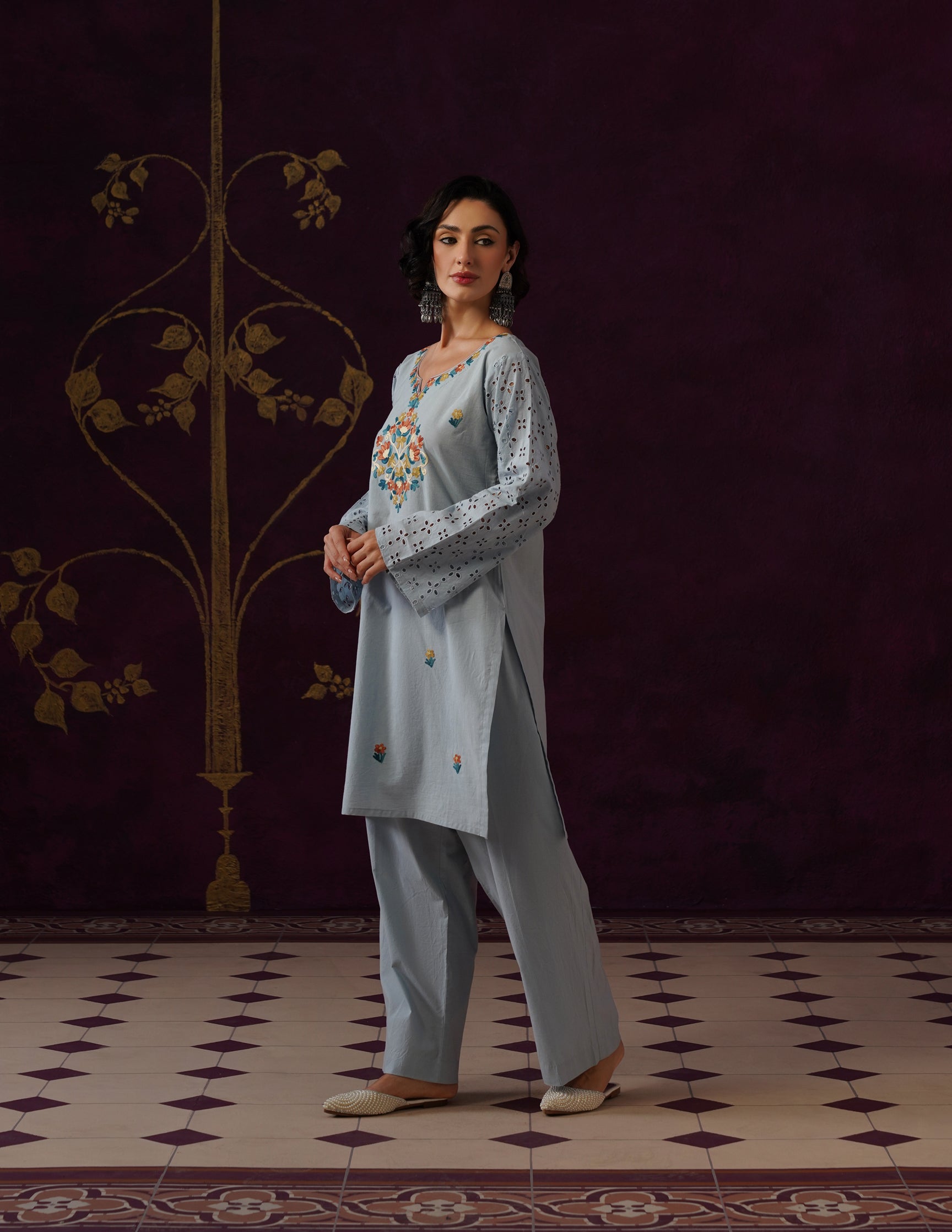 Light Blue Schiffli & Aari Embroidered Cambric Cotton Co-ord Set