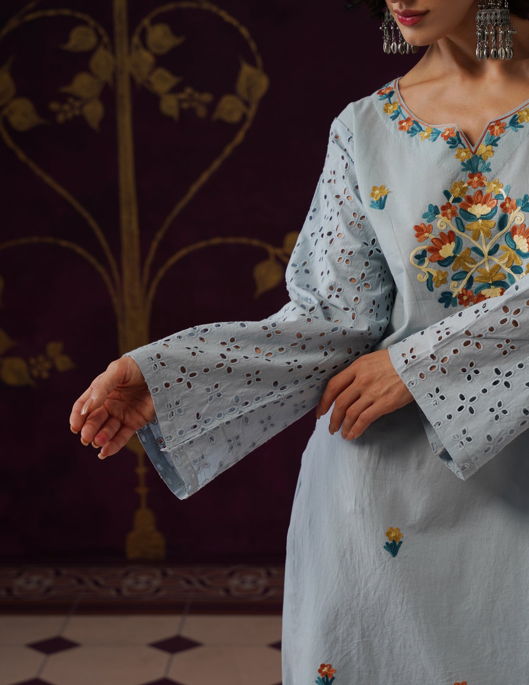 Light Blue Schiffli & Aari Embroidered Cambric Cotton Co-ord Set
