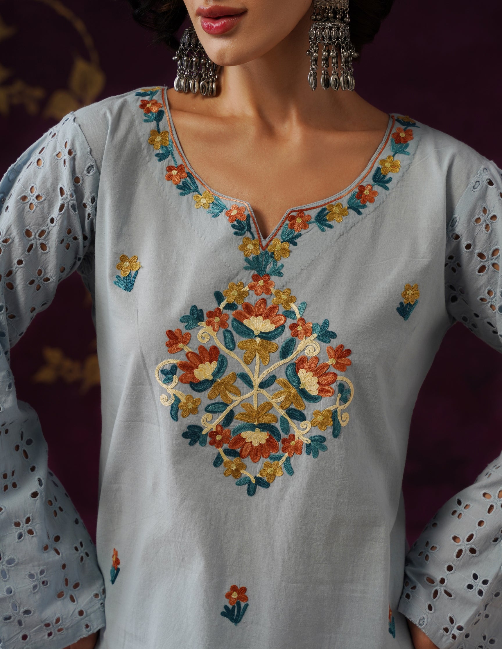 Light Blue Schiffli & Aari Embroidered Cambric Cotton Co-ord Set