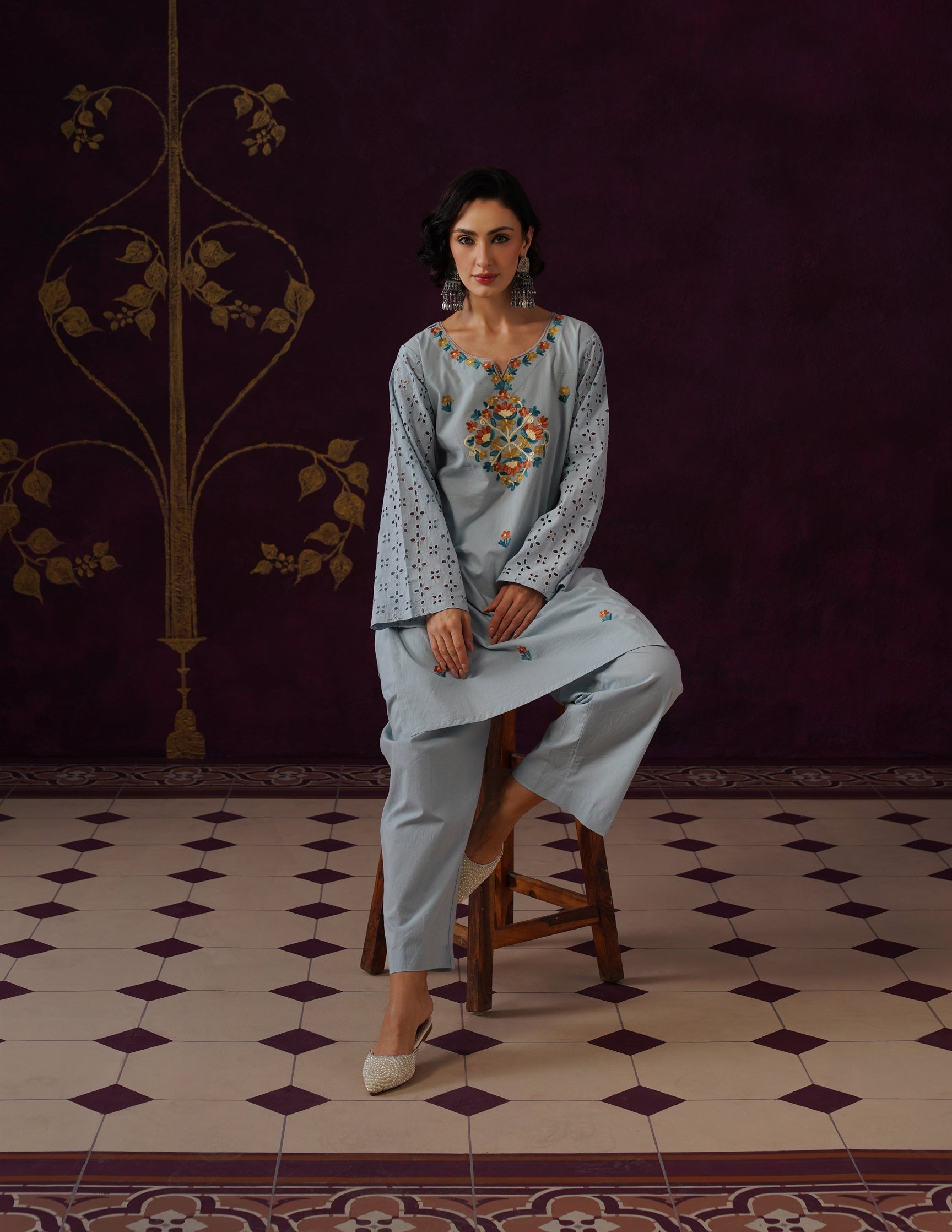 Light Blue Schiffli & Aari Embroidered Cambric Cotton Co-ord Set