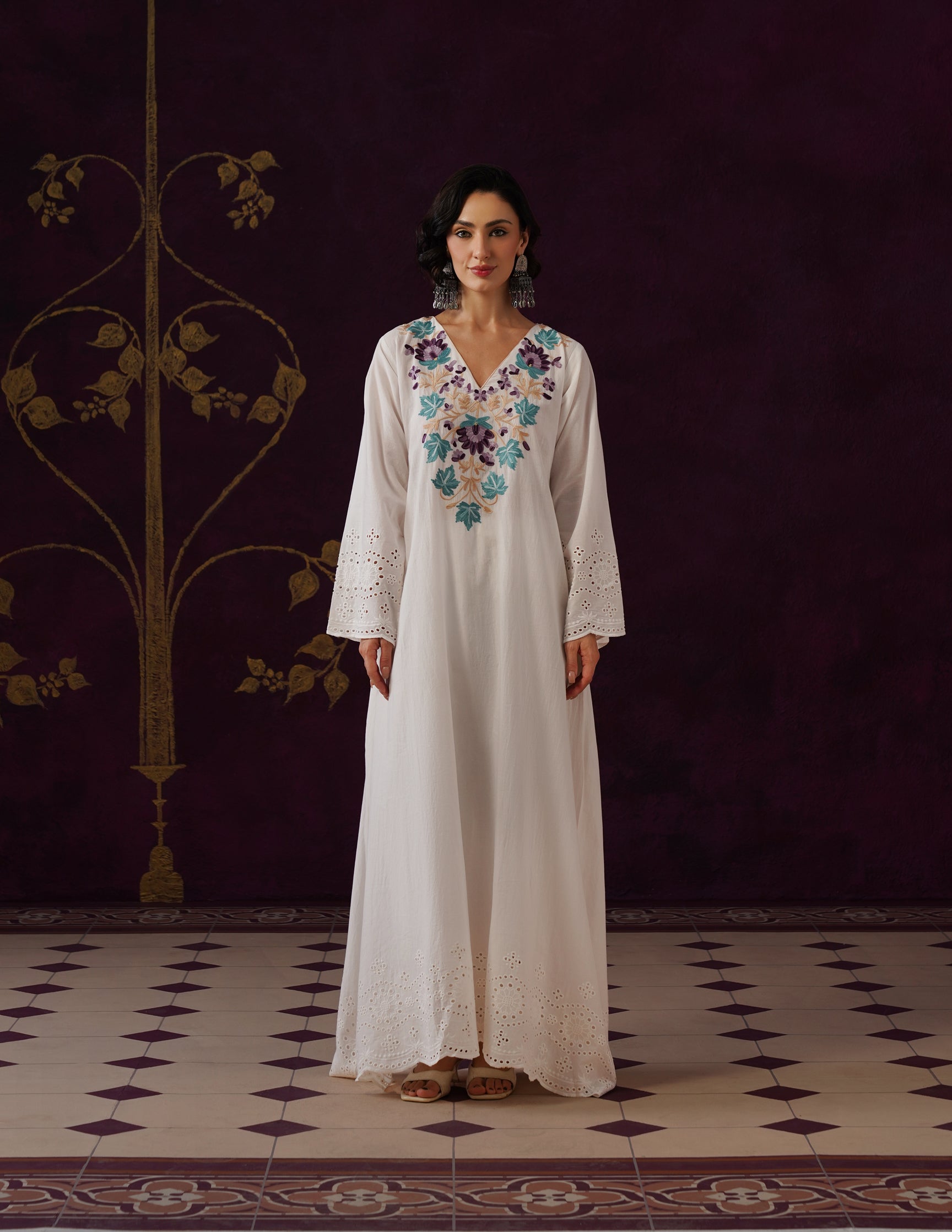 Off-White Schiffli & Aari Embroidered Cambric Cotton Gown