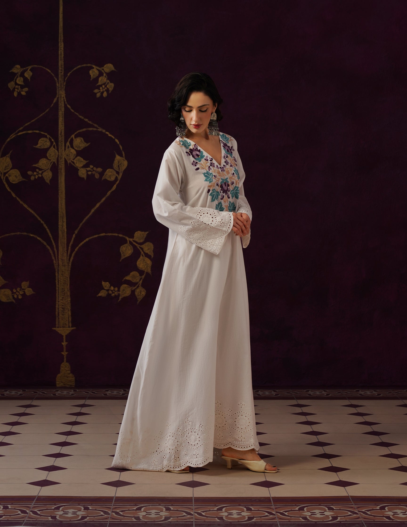 Off-White Schiffli & Aari Embroidered Cambric Cotton Gown