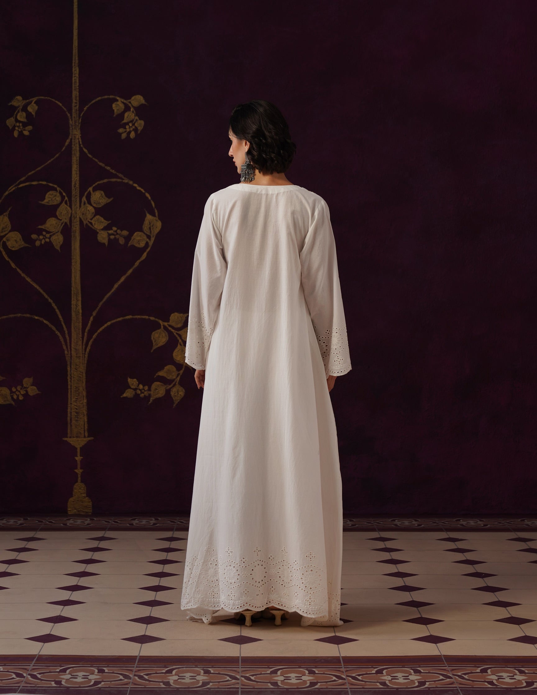 Off-White Schiffli & Aari Embroidered Cambric Cotton Gown