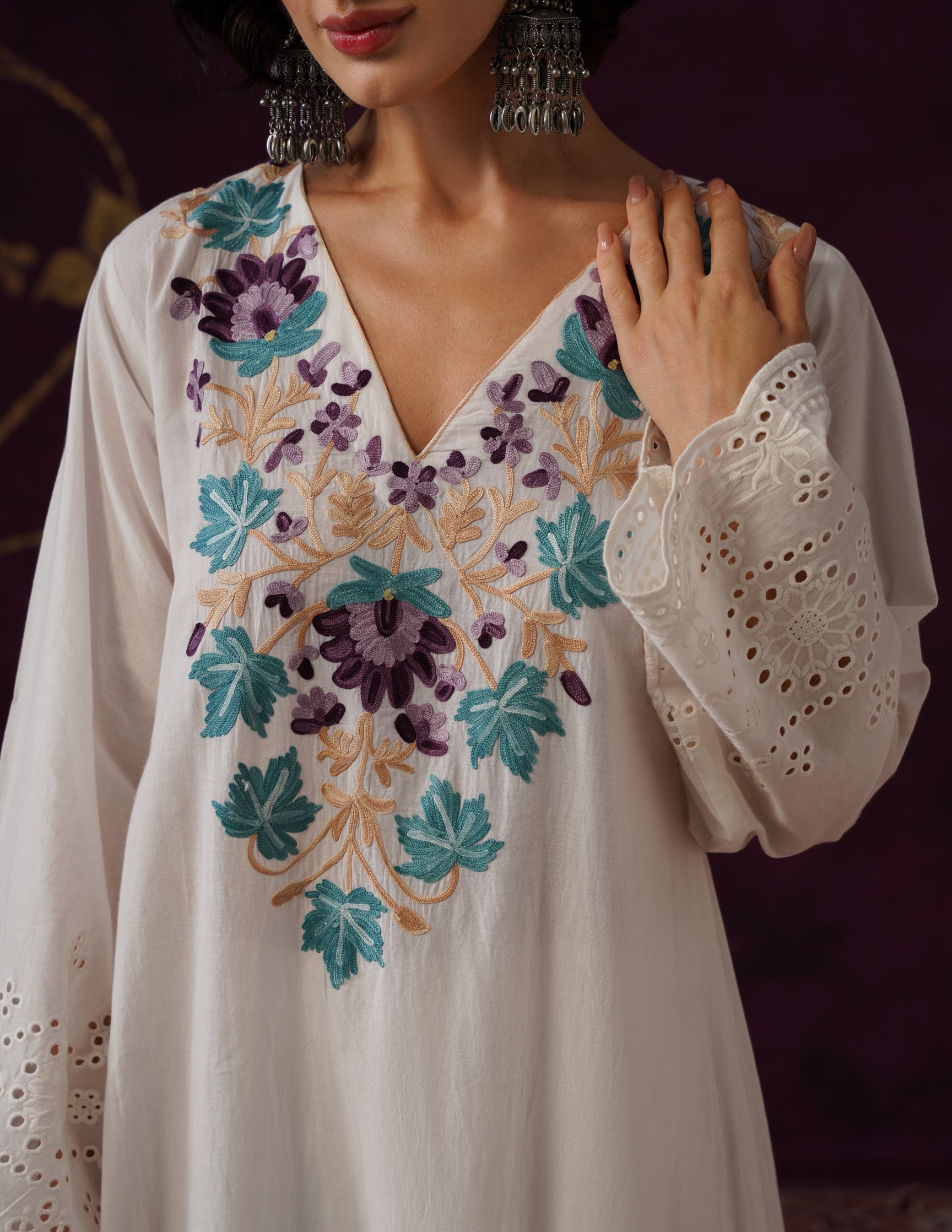 Off-White Schiffli & Aari Embroidered Cambric Cotton Gown