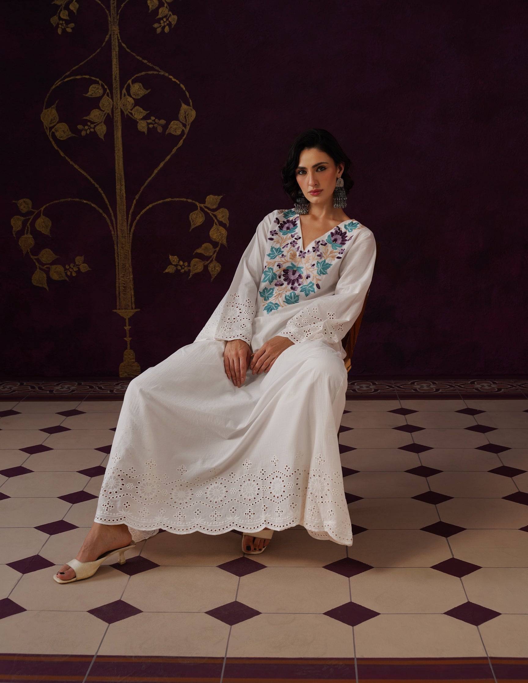 Off-White Schiffli & Aari Embroidered Cambric Cotton Gown