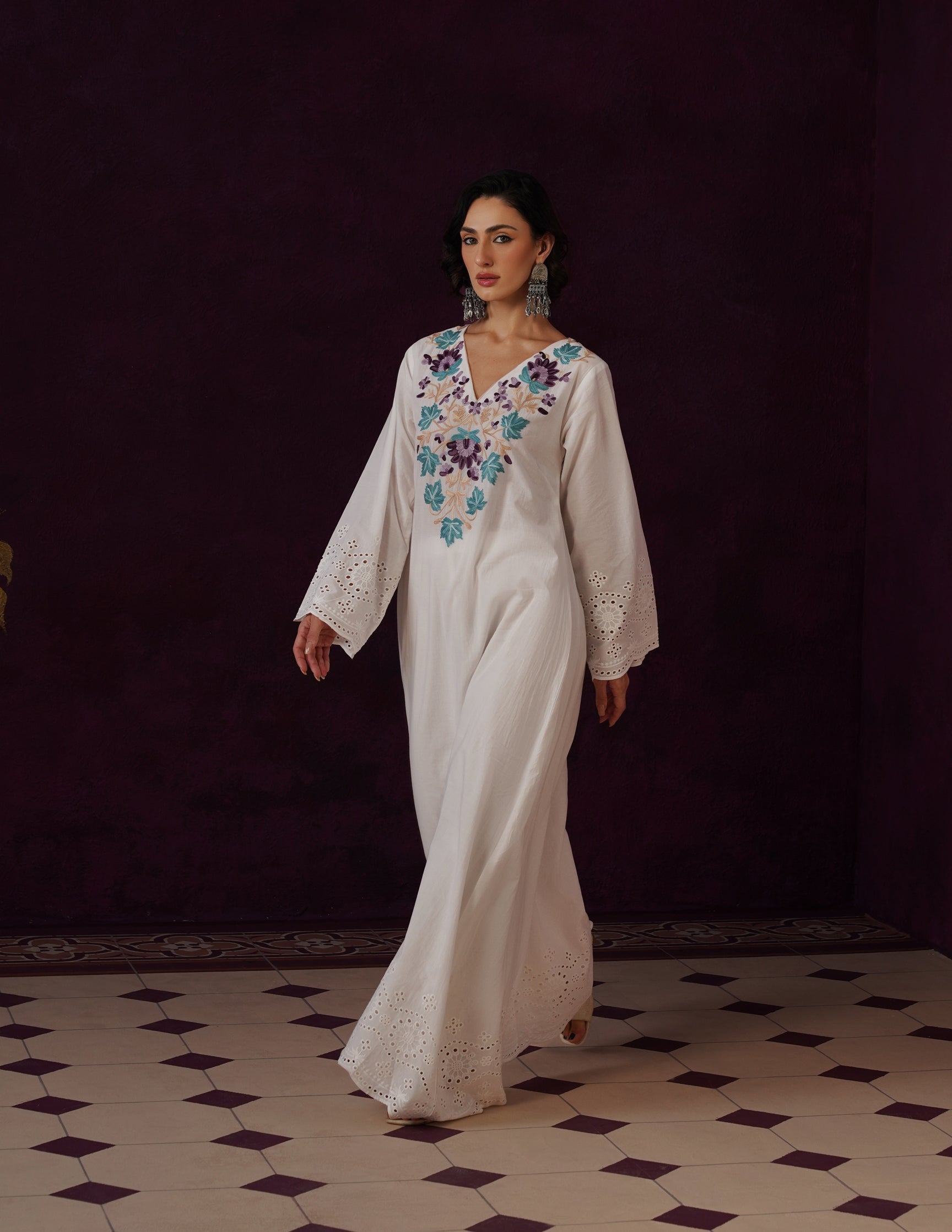 Off-White Schiffli & Aari Embroidered Cambric Cotton Gown
